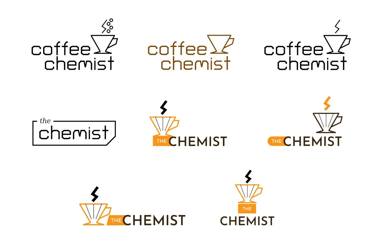 First round of logos using "chemist" and the iconic Hario V60 shape