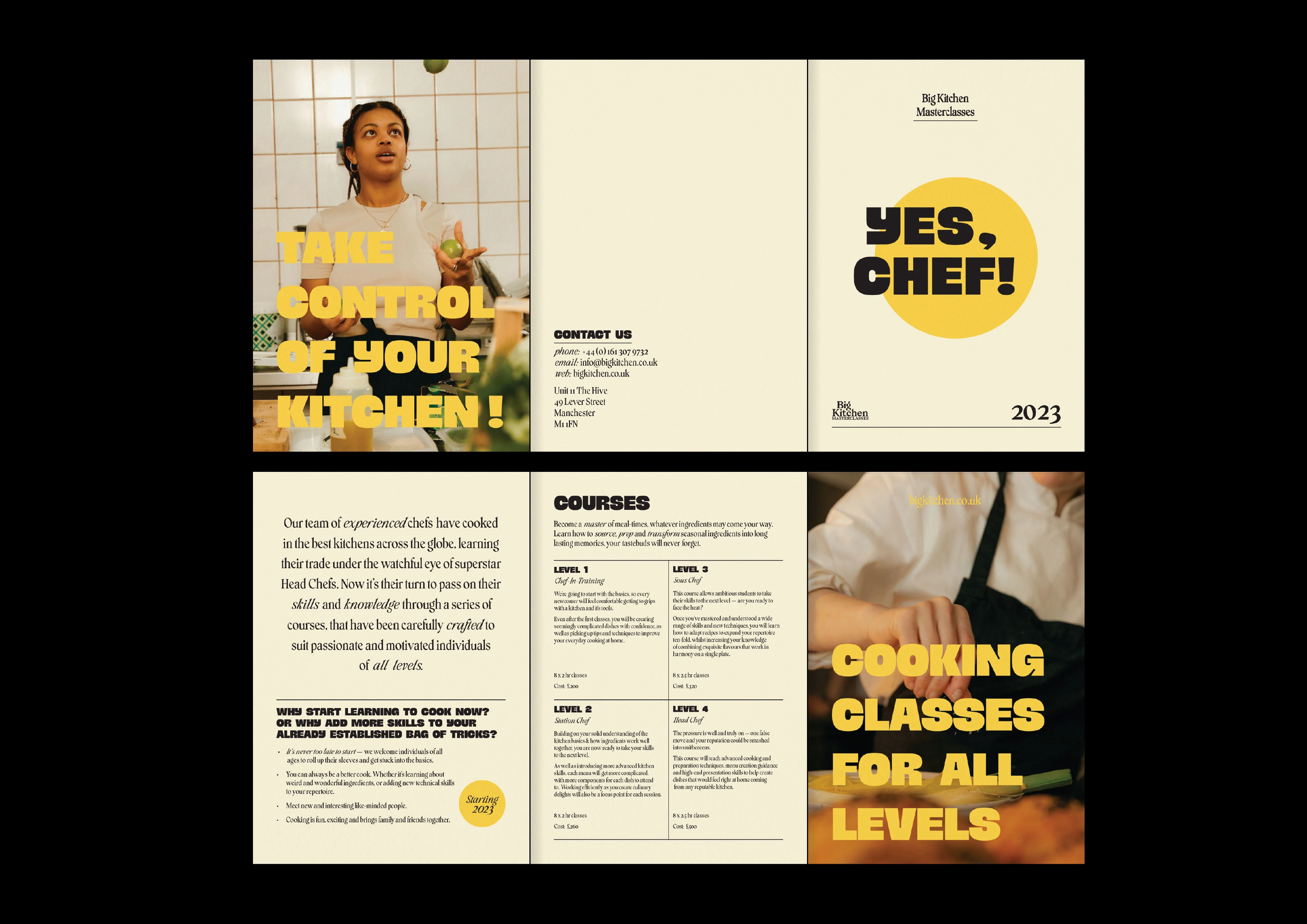 Pamphlet layout for Big Kitchens multi-level course offerings.