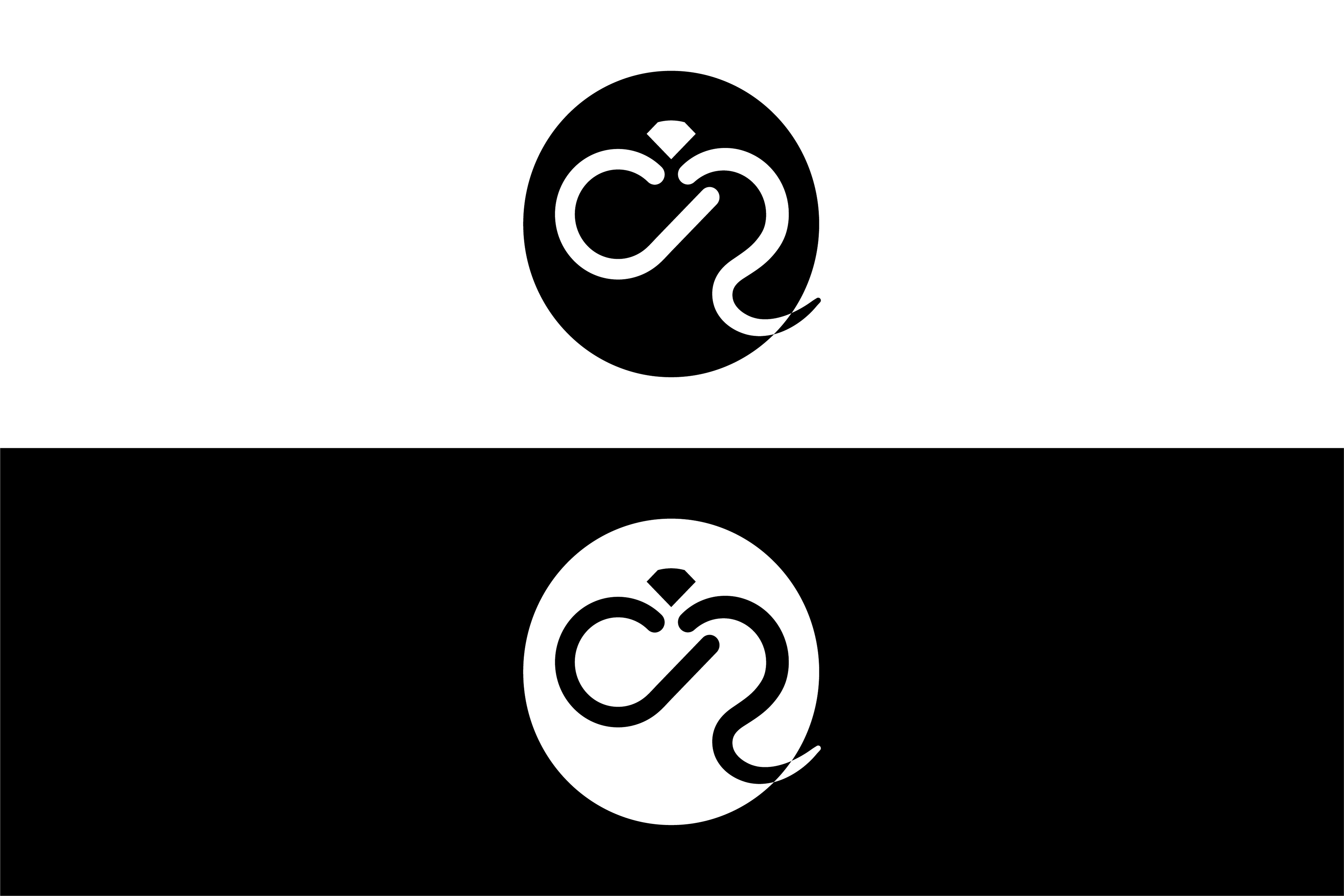 The logomark on a white bg and a black bg (the bg is split into two horizontally).