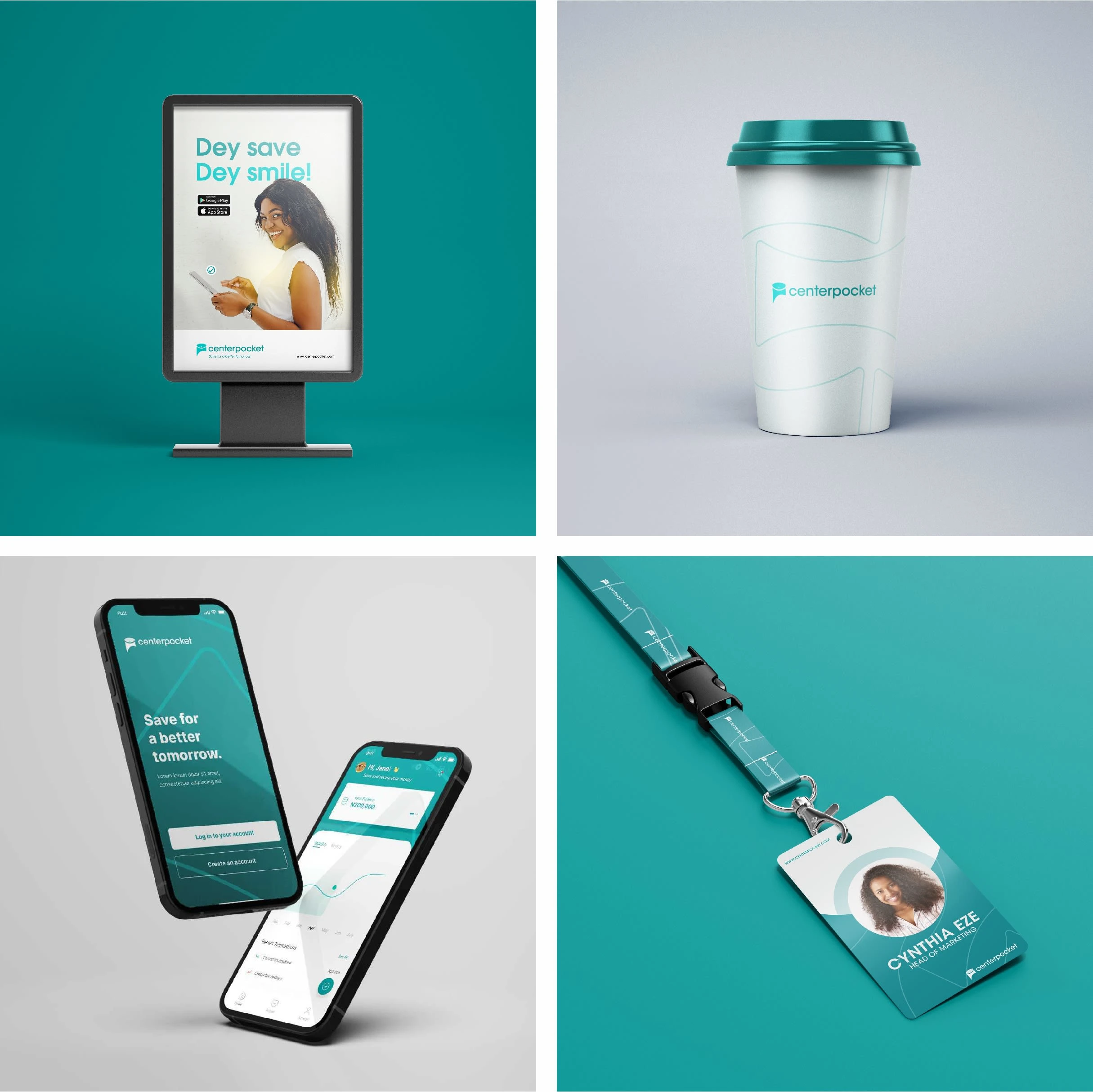 Ad, app, merch and lanyard mockups for Centerpocket