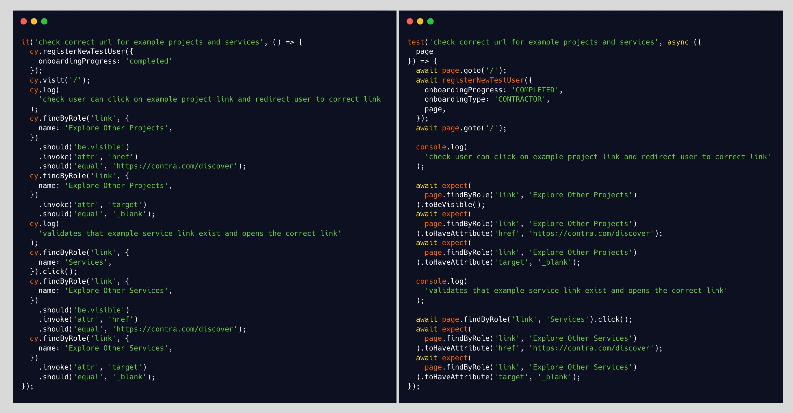 Left: Cypress, Right: Playwright. There are a lot of structural similarities between how both tests are written.