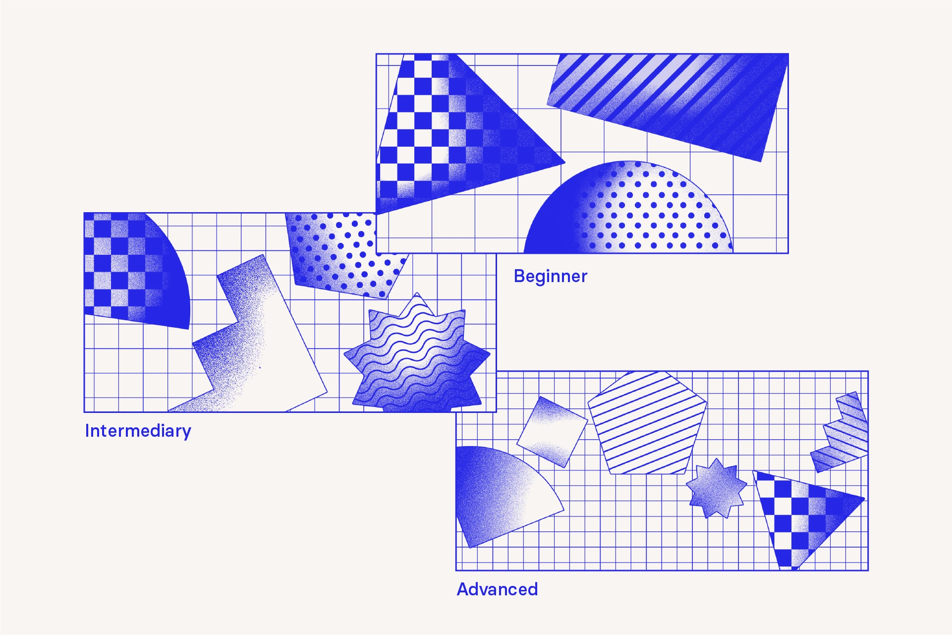 The quantity and scale of the shapes reinforces the difficulty level of the course.