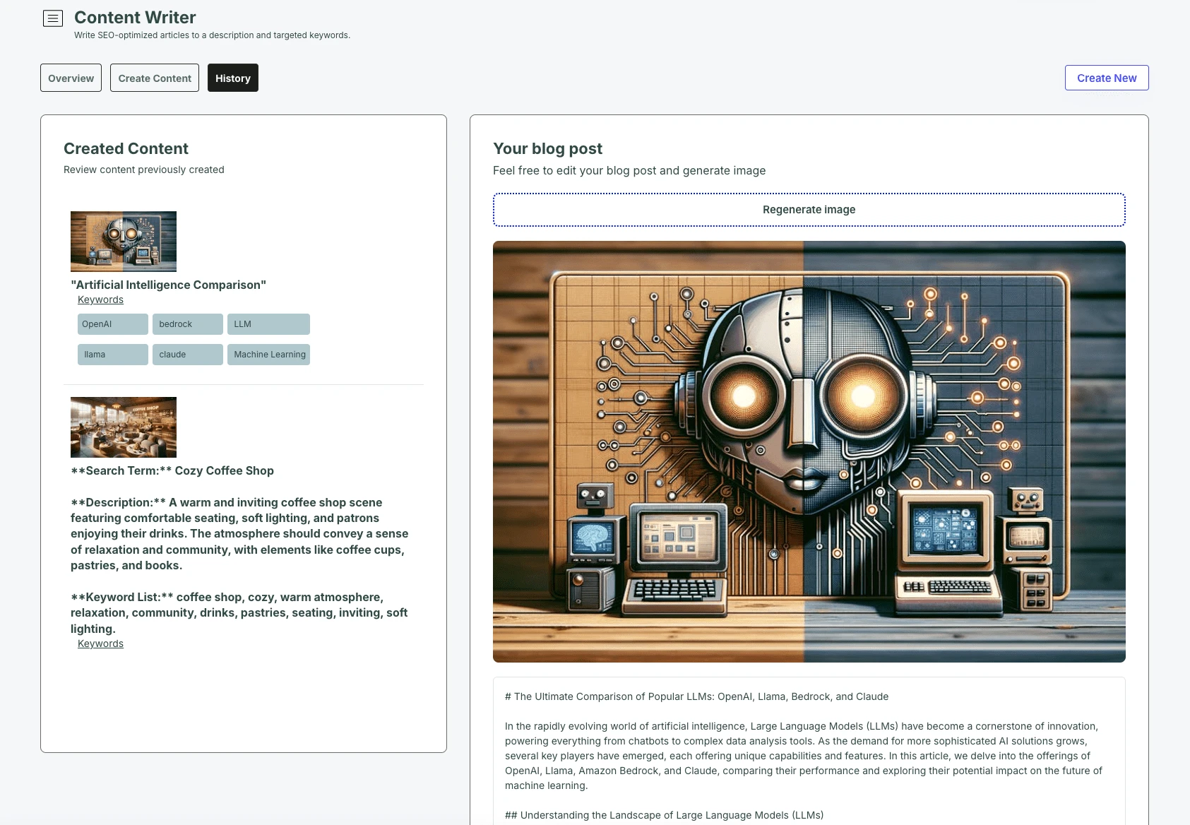 History view of previously generated articles