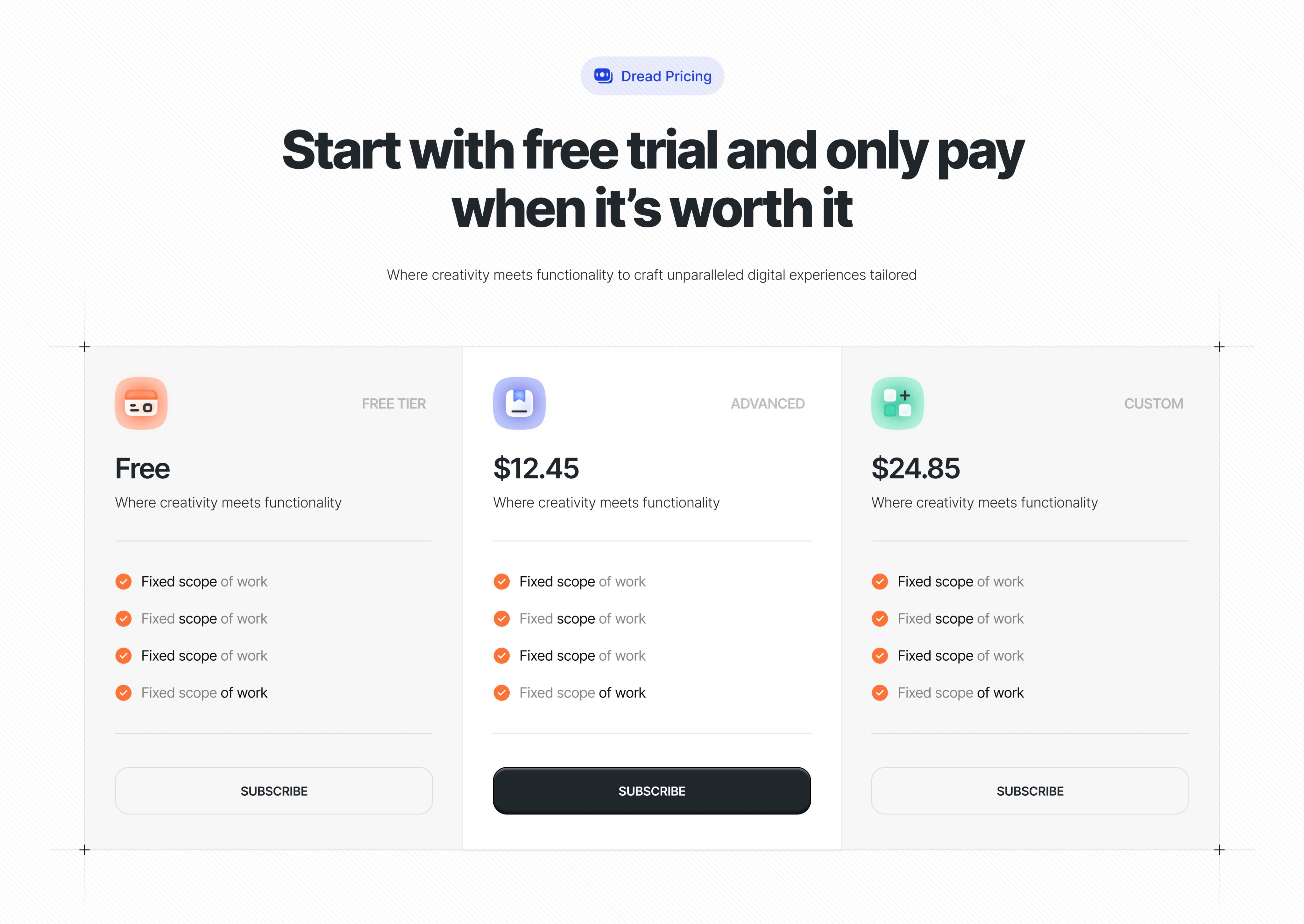 Landing page pricing section