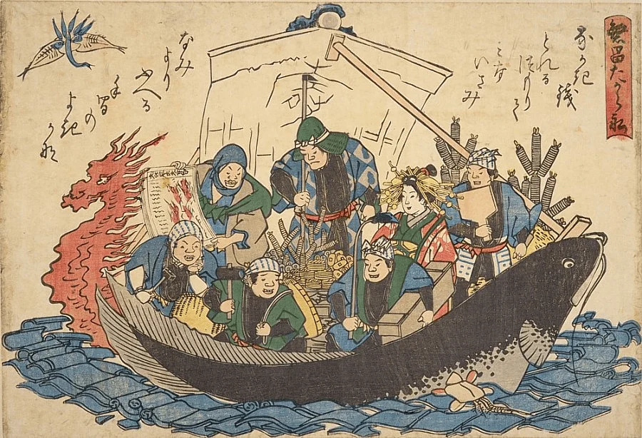 Onmarkproductions - In this illustration, all seven lucky gods are enjoying themselves while sailing on a ship, and Benzaiten is clearly visible in the midst of the chaos.