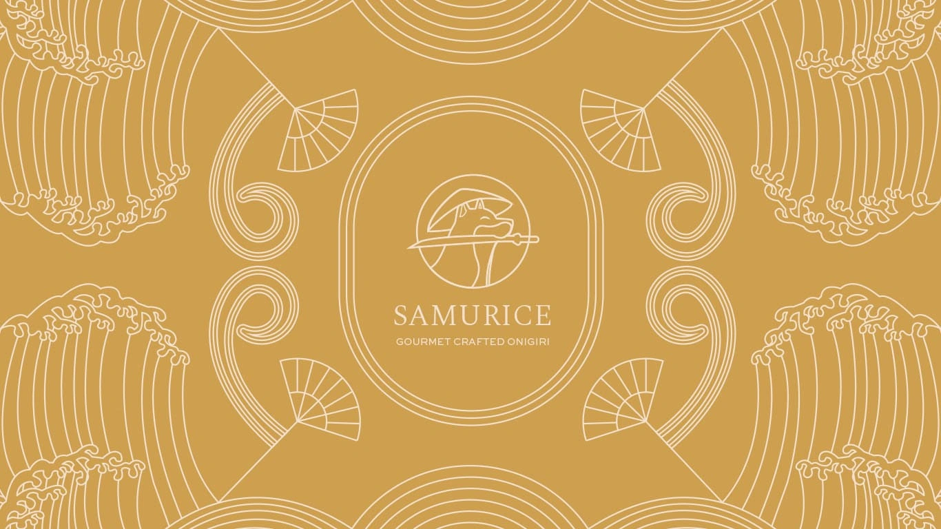 A modern luxurious logo design for Samurice, a brand that sells gourmet crafted onigiri