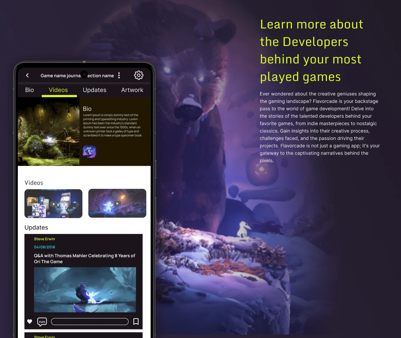 Developers journal where they show videos, art work and updates