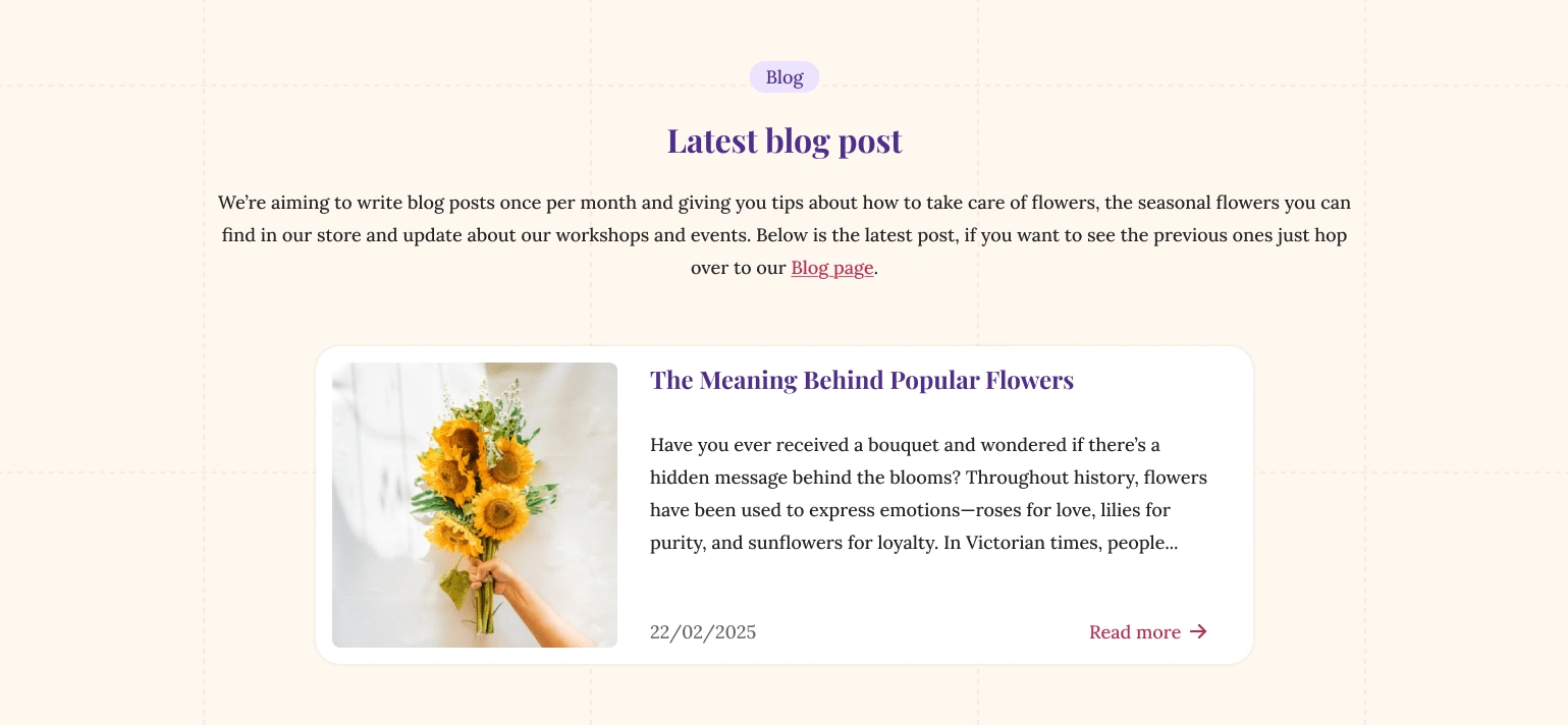 Blog section with one blog post.