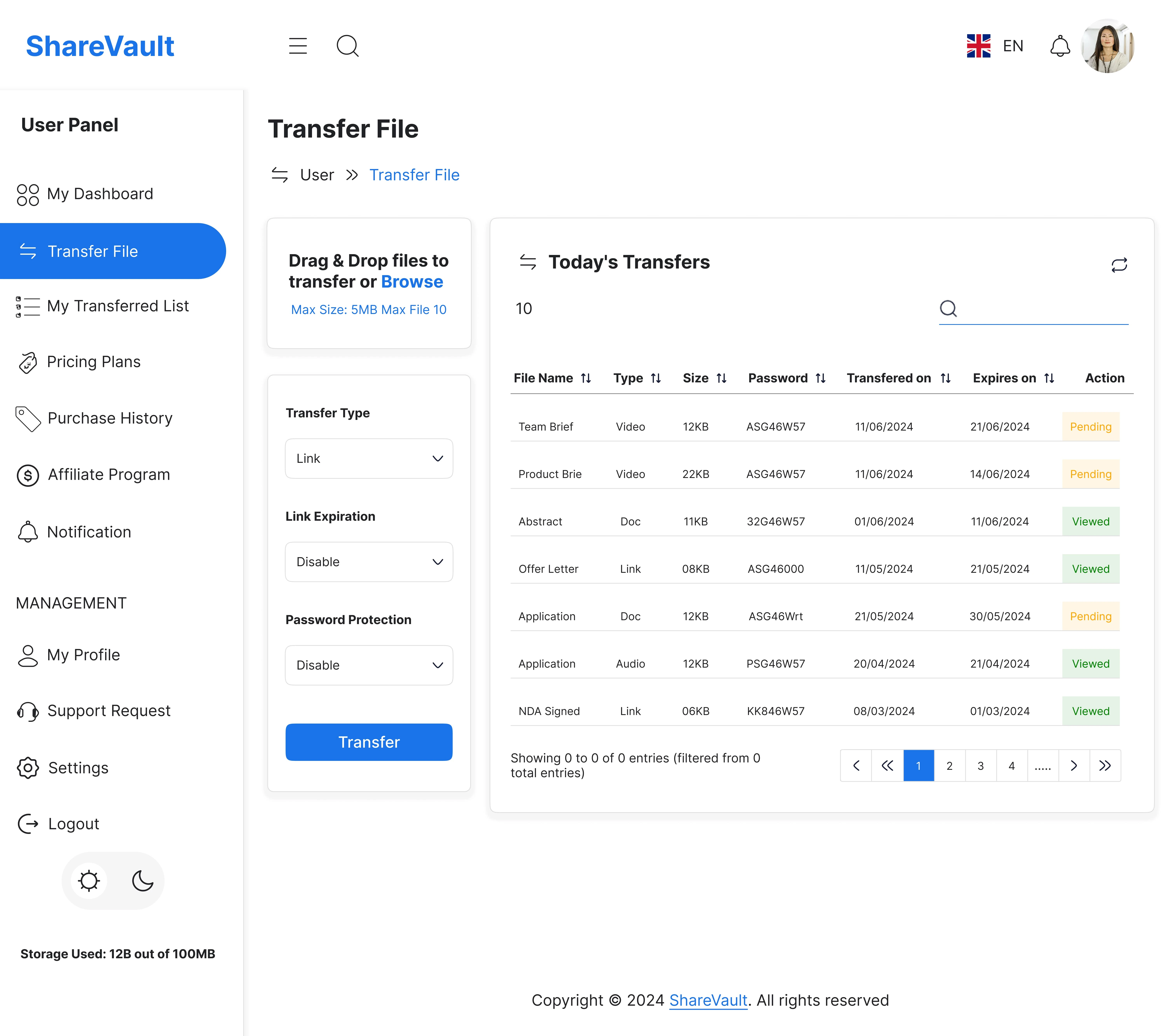 Transfer File: Allows users to upload and send files securely.
