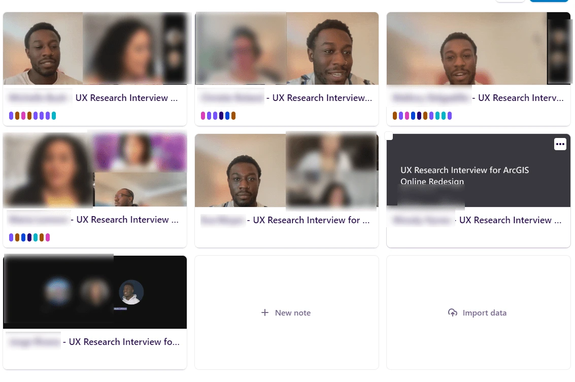 Screenshot of Dovetail board for UX Research Interviews, blurred for privacy.