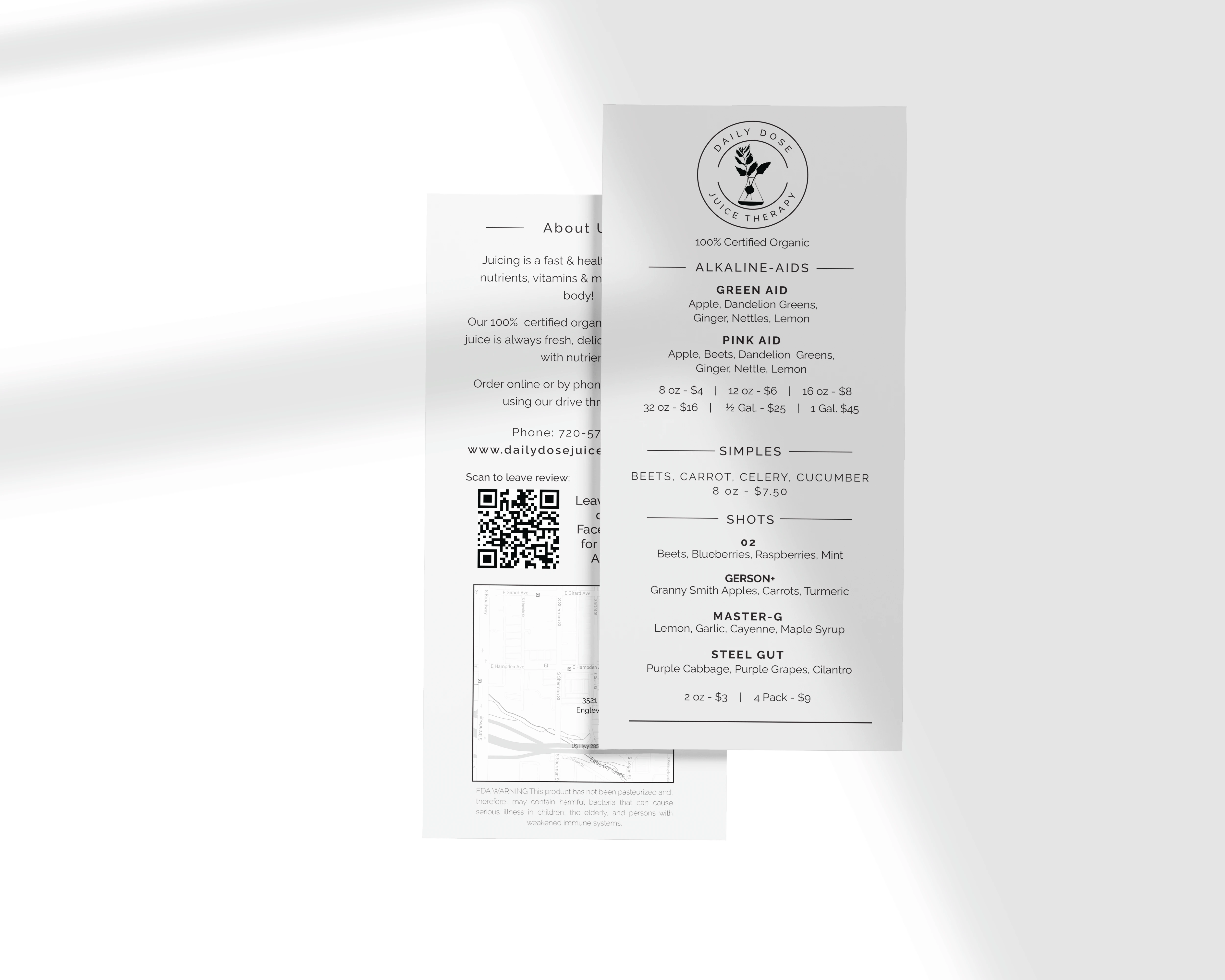 Font and Back of Menu - Featuring a Map & QR code to order online