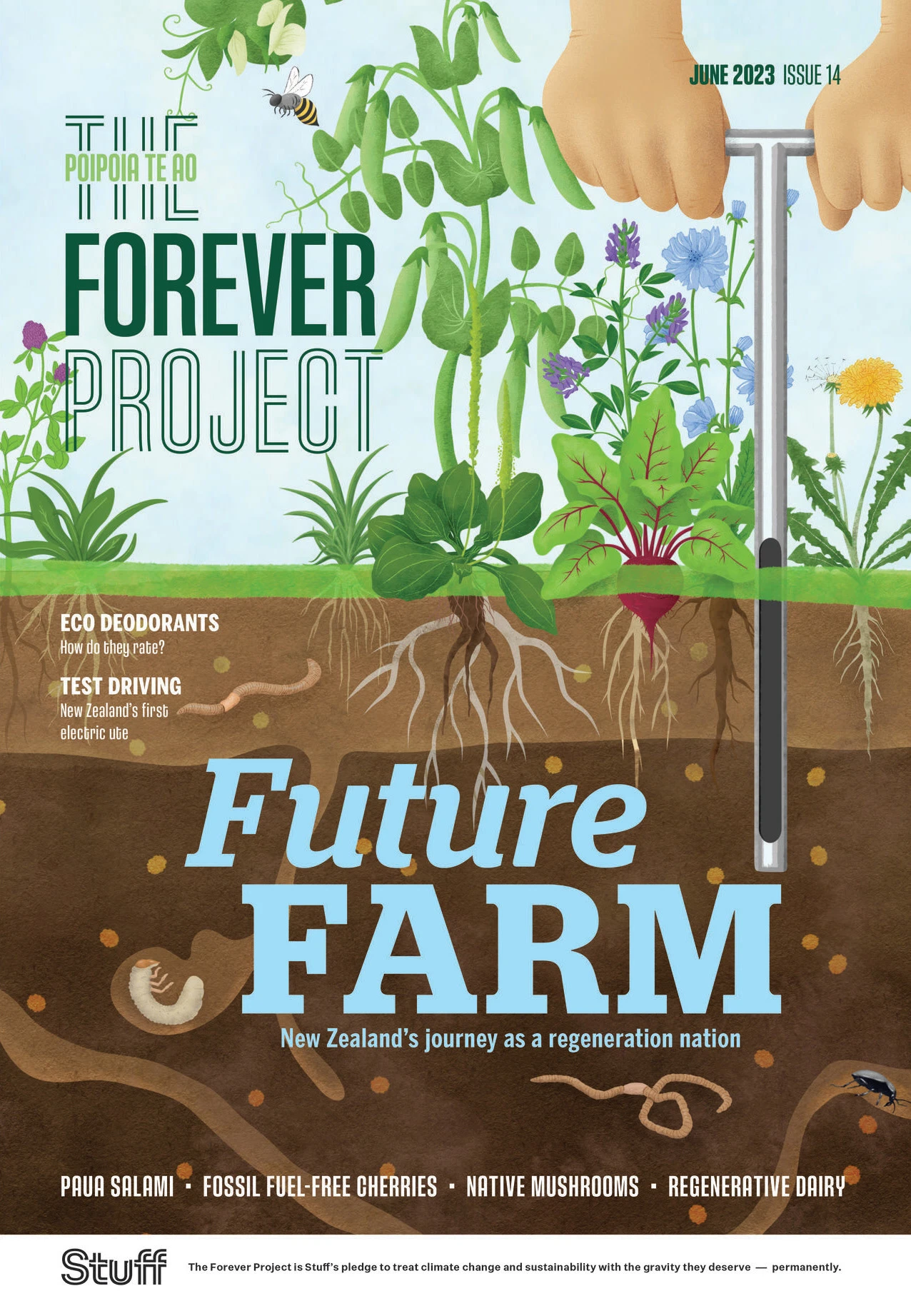 This scene showcases a botanical display of cover crops and a figure employing a soil sampler, emphasising the magazine's focus on soil health and sustainability practices. My brief for the cover design was to invite one on a journey of discovery, celebrating the wonders of nature's intricate balance and the human endeavours shaping a brighter tomorrow.