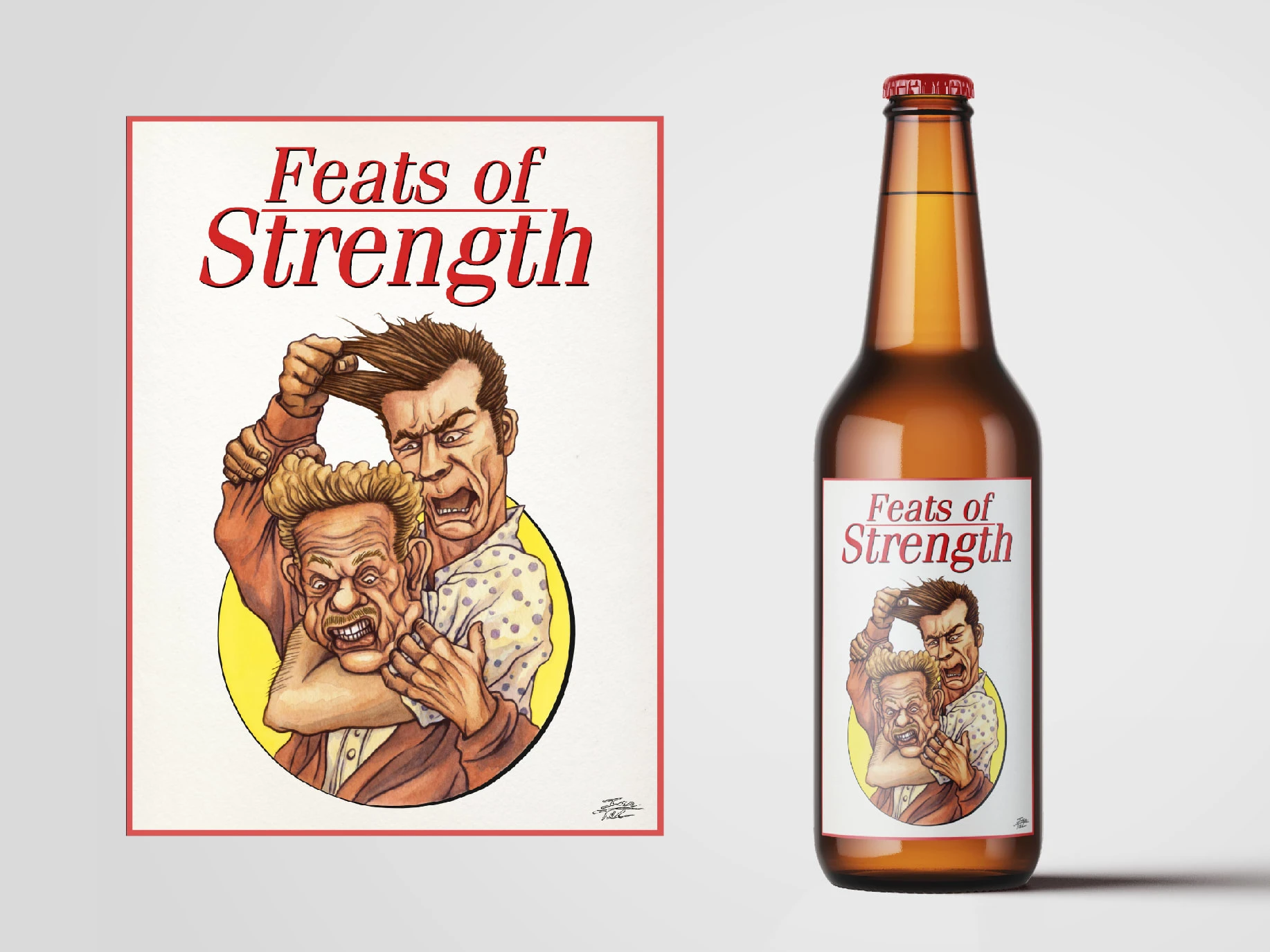 Feats of Strength stout beer label illustration (homage to Seinfeld). Watercolor & Digital.