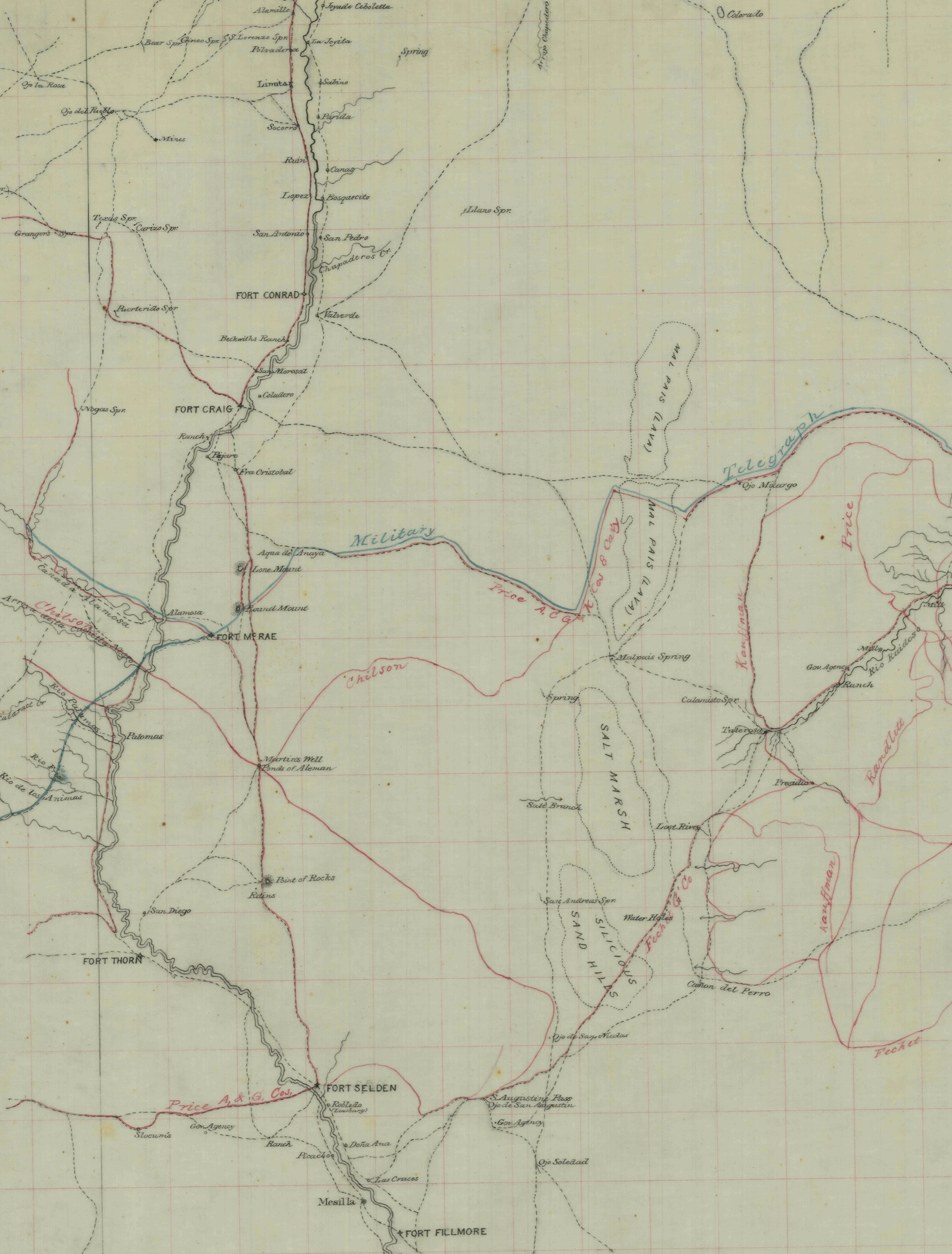 An 1873 military map of communication routes between Lemitar (north) and Mesilla (south) in the Rio Abajo area of the territory. Image via Wikimedia Commons.