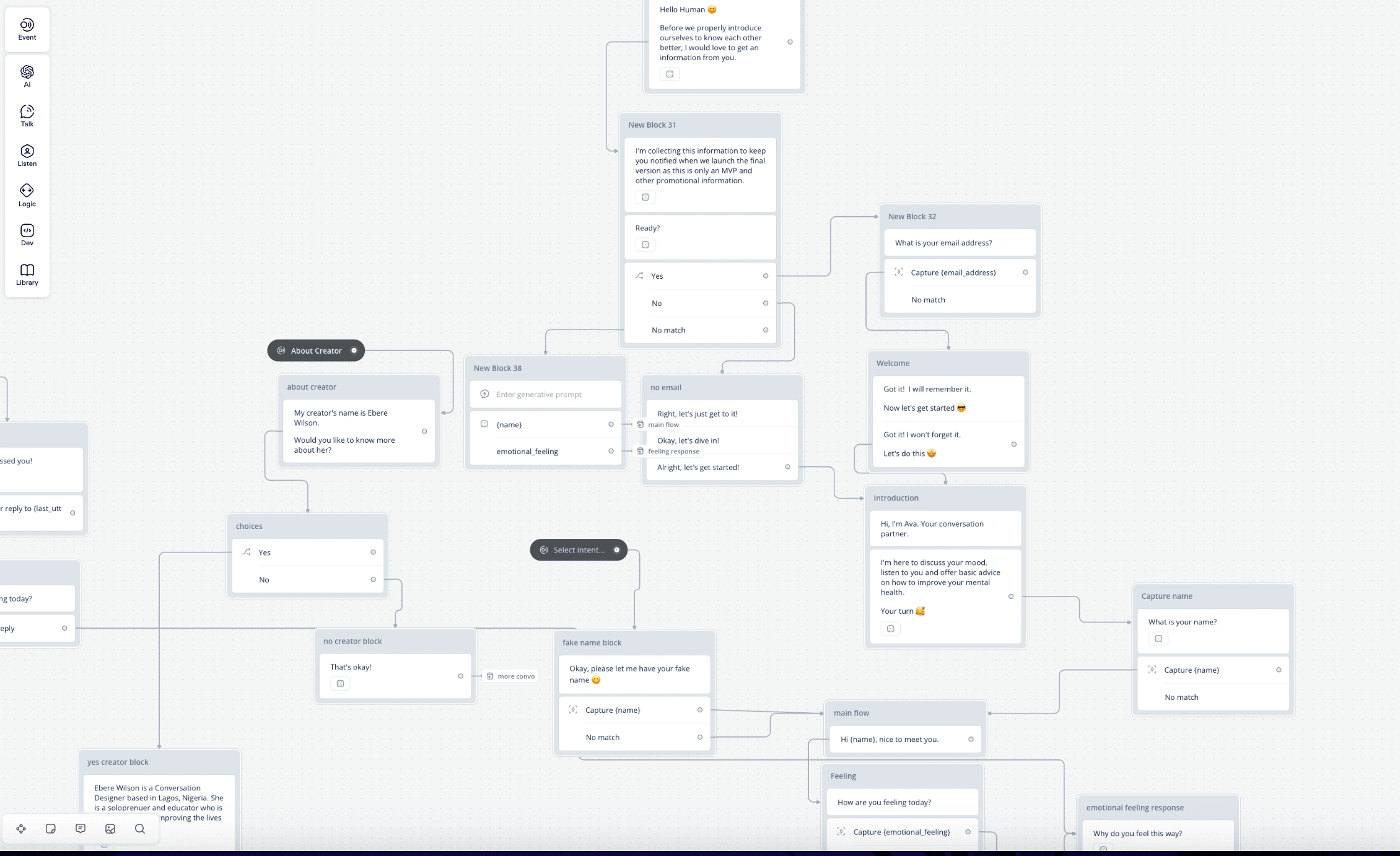 Screenshot of conversation flow created on Voiceflow