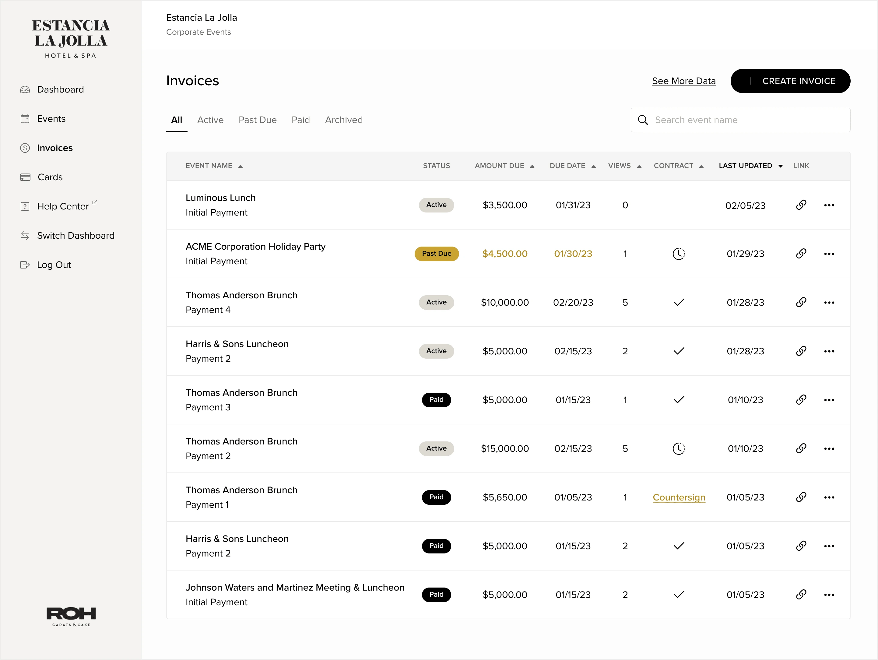 Venue admins see accessible, relevant tasks based on invoice status in the invoices list