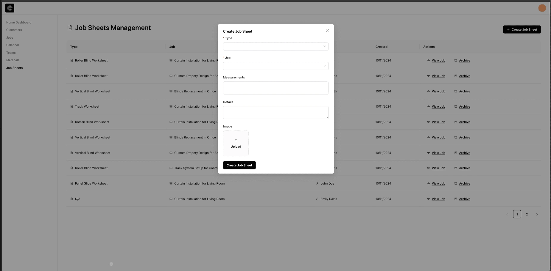 View and manage job sheets