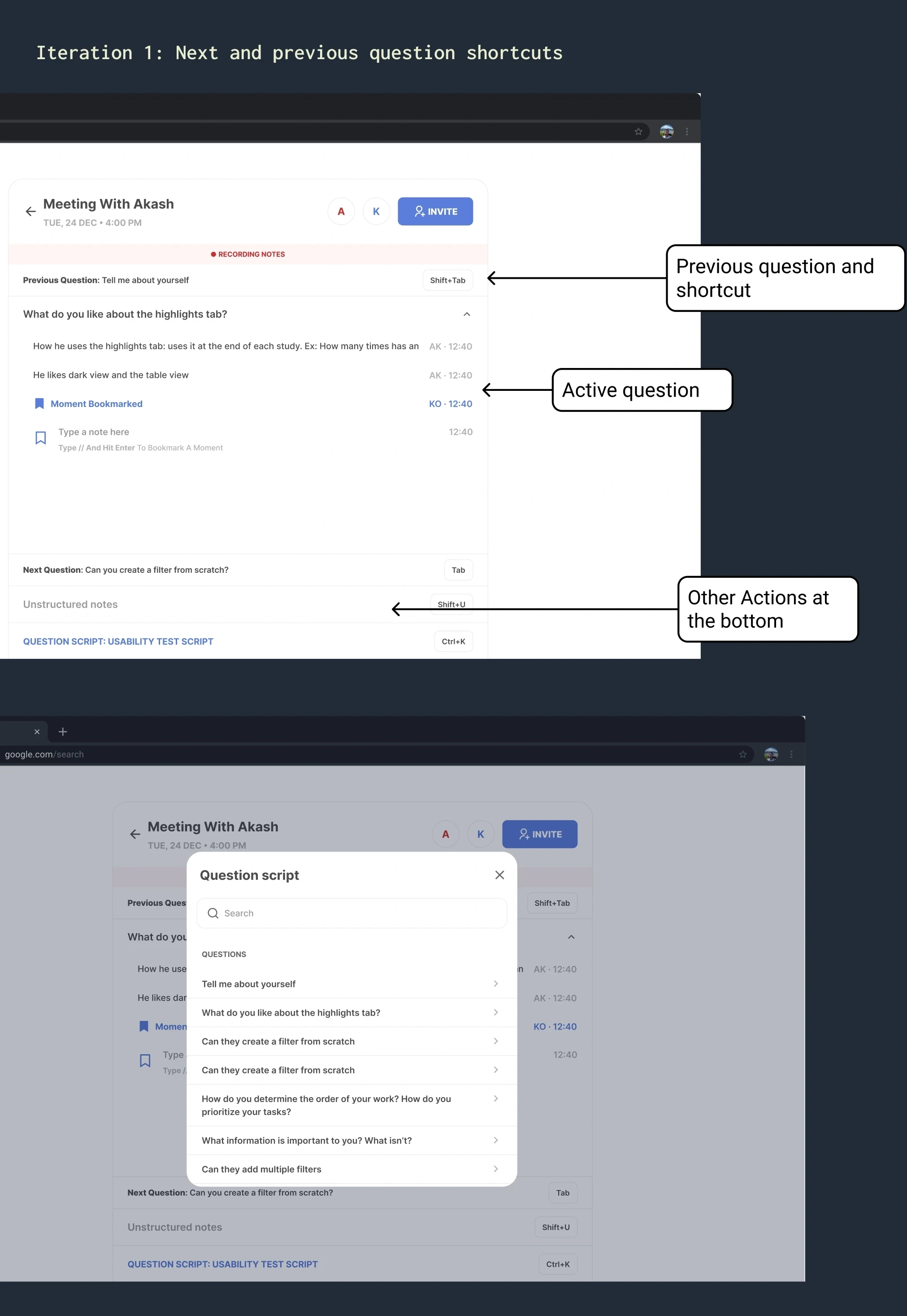 Shortcut based navigation for questions