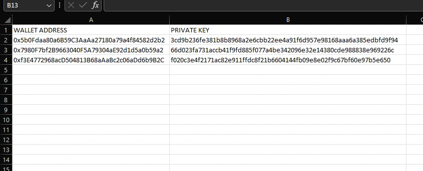 Sample wallets inside the "Wallets.csv" file. You can open this file using Microsoft Excel on Windows. You can use as many wallets as you want, as long as the format is correct.