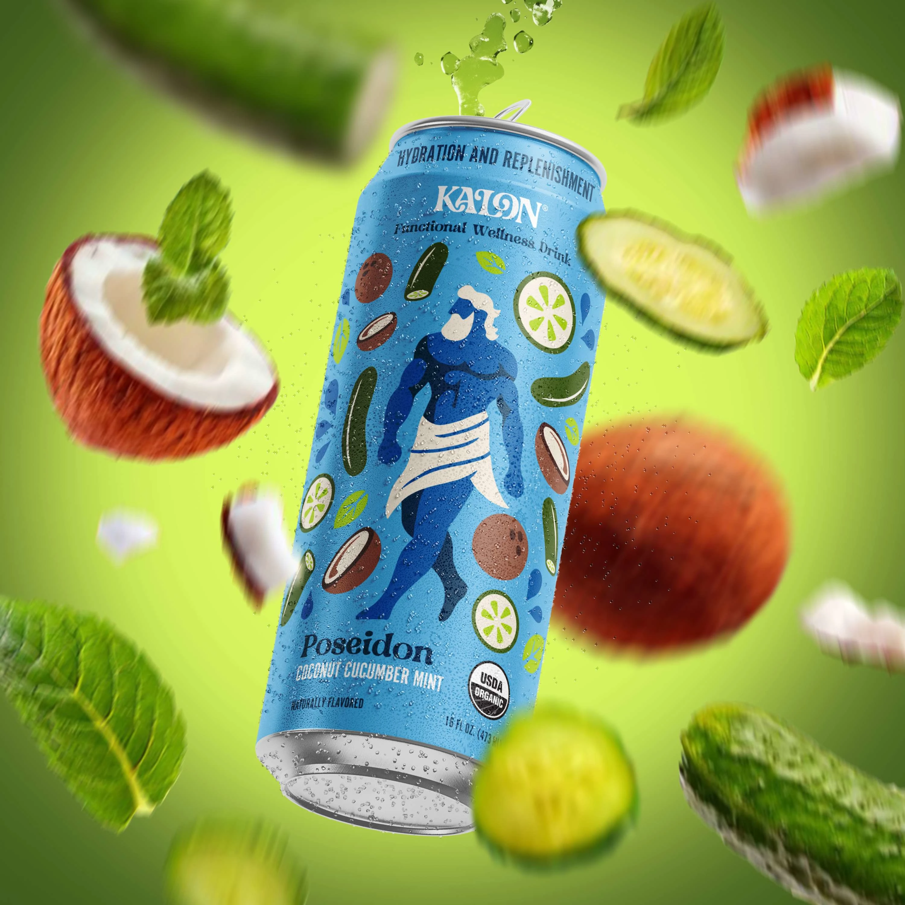  Poseidon, god of the sea, embodies vitality, fluidity, and the refreshing power of water. This flavor features cool, refreshing cucumber and mint for its vibrant green hue and wellness benefits. The packaging is adorned with waves and aquamarine tones, evoking the tranquility and power of the ocean.