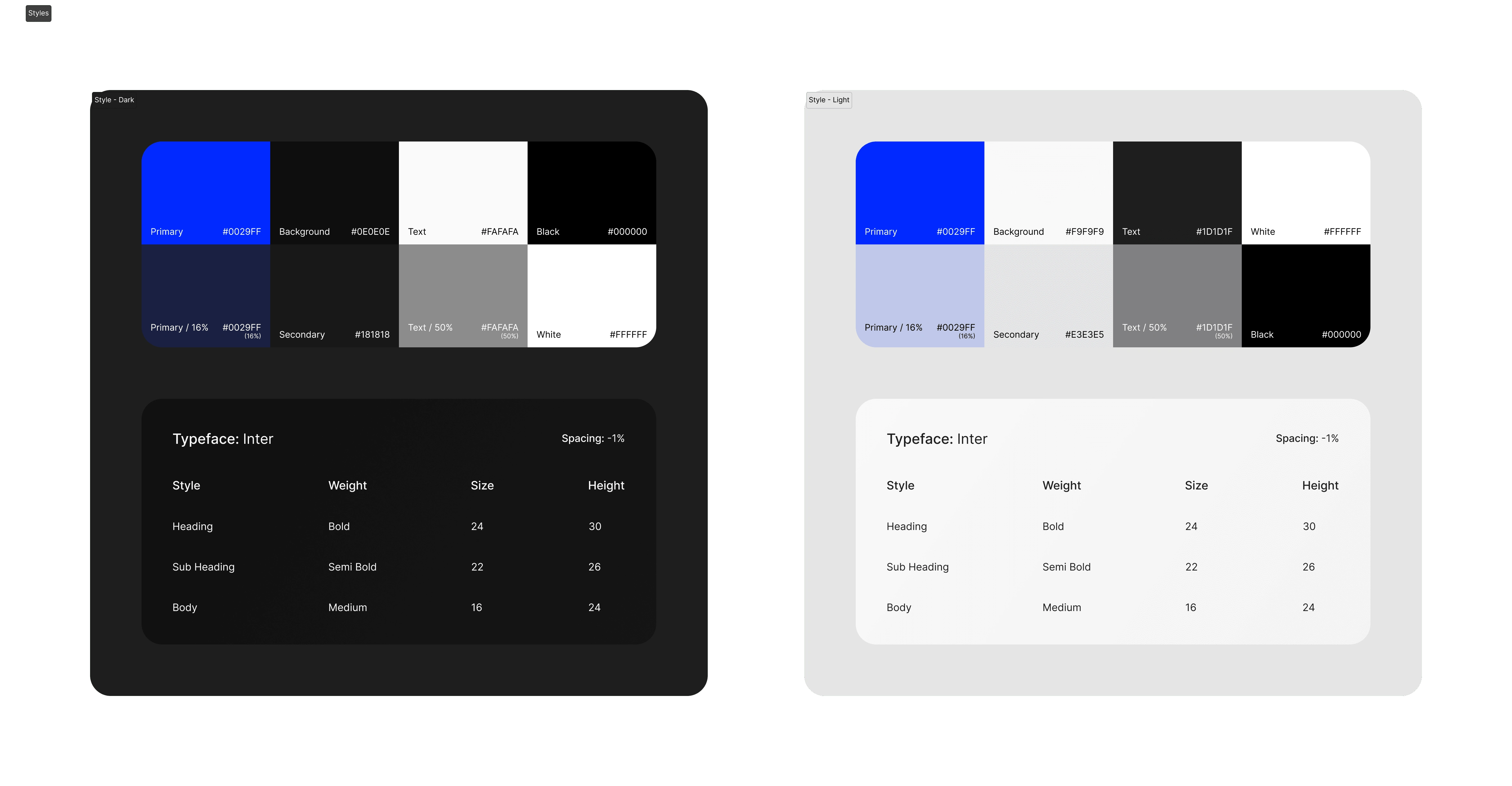 Styles — Dark theme and Light themes respectively