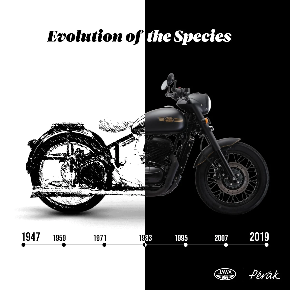 A captivating journey from the classic 1947 Jawa to the contemporary Perak model in 2019. 