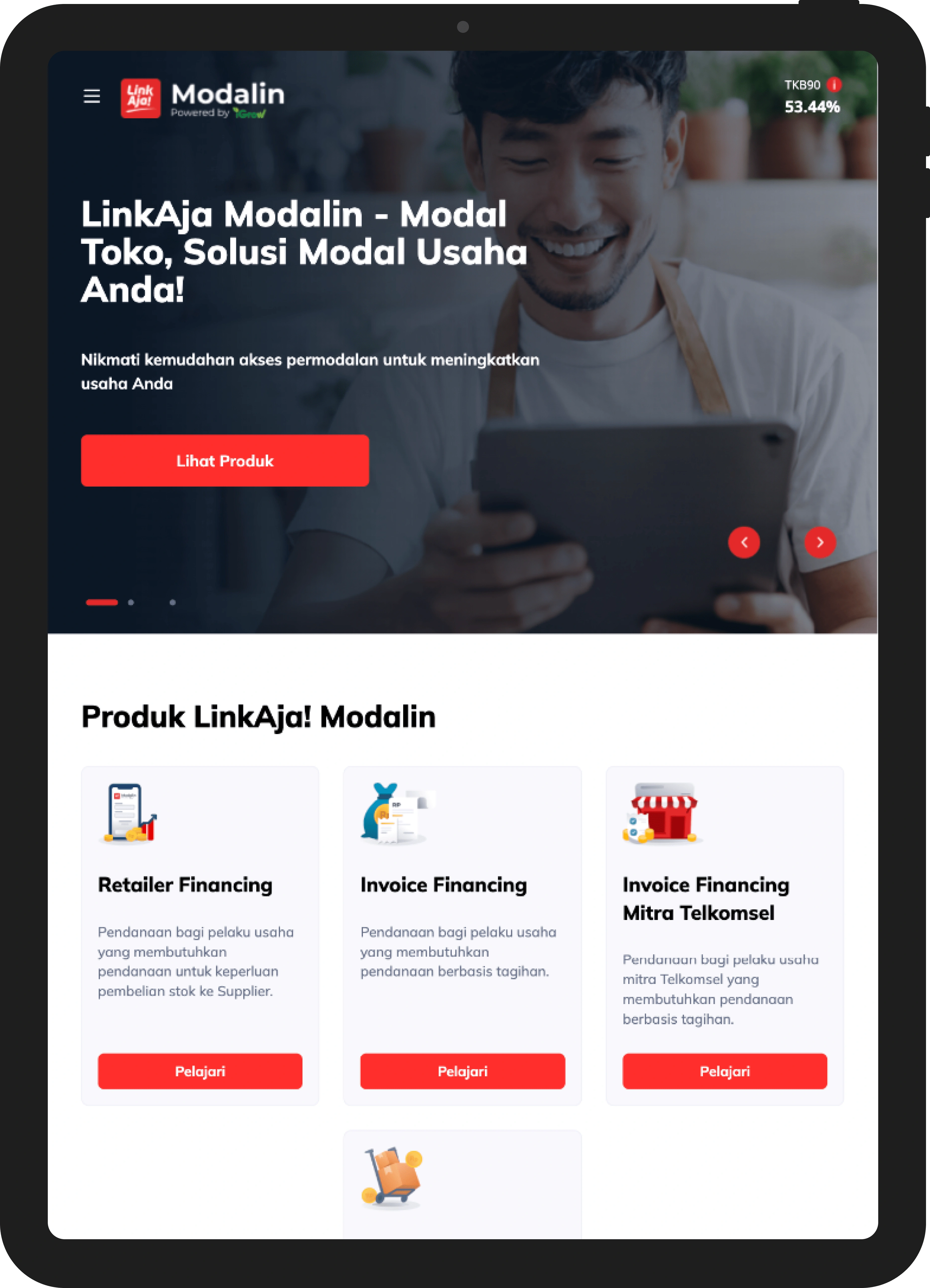 LinkAja Modalin tablet website view