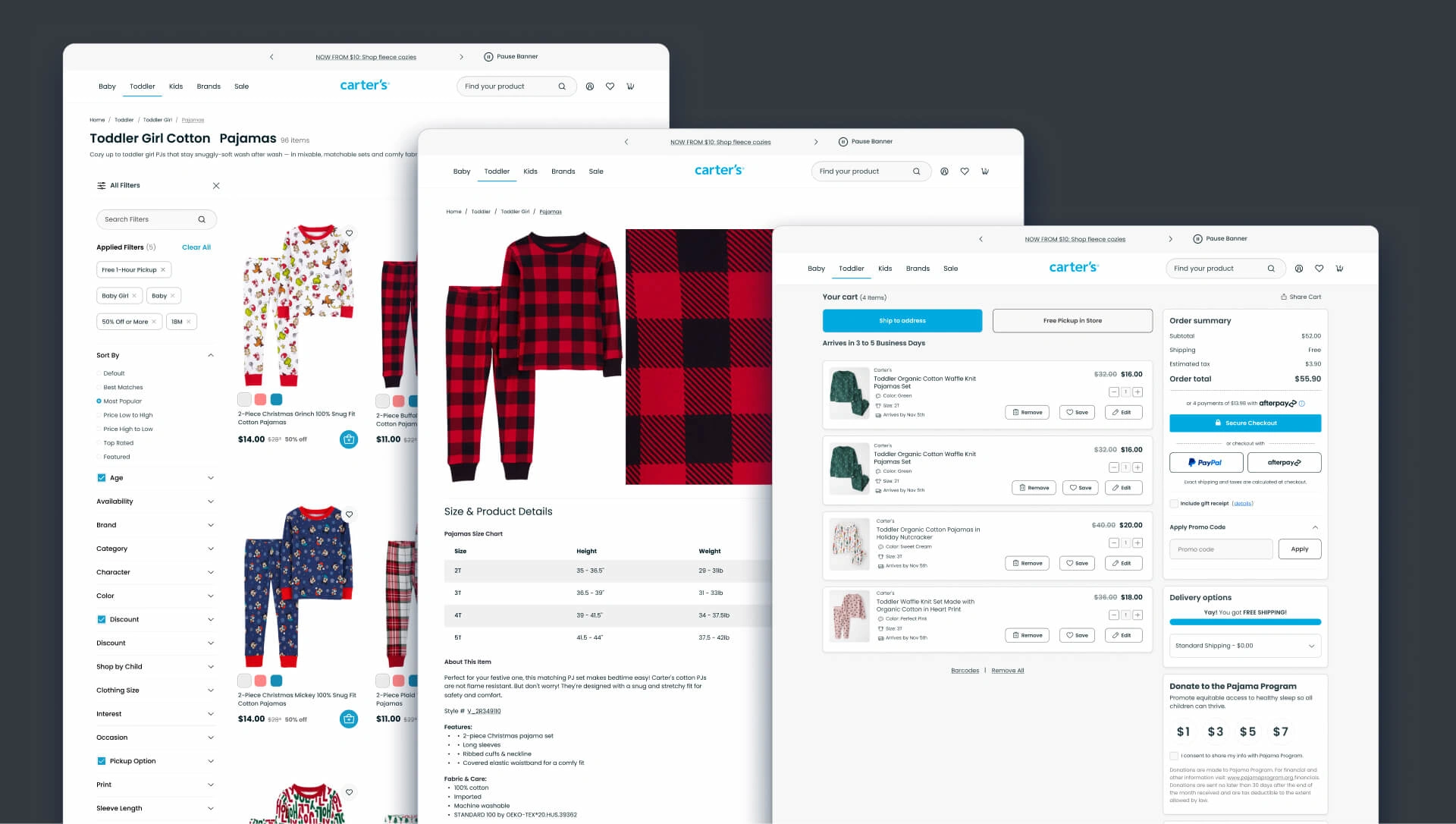 Final designs for product catalog, product, and cart pages.