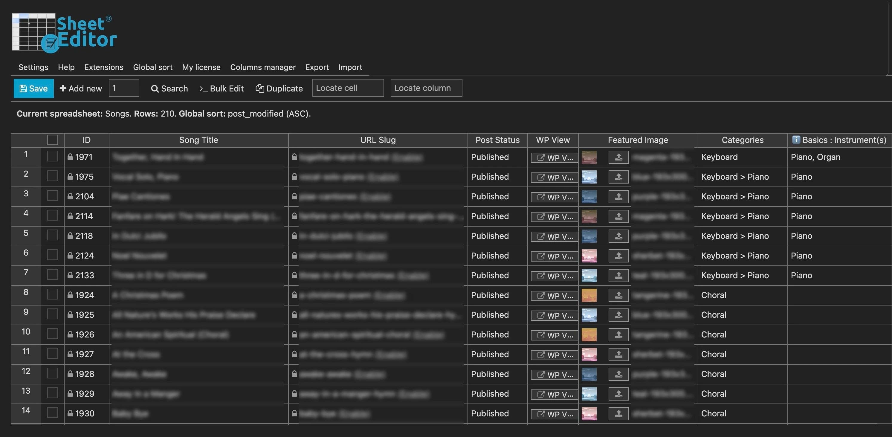 The Sheets Editor plugin provides a spreadsheet interface inside the Wordpress back-end.