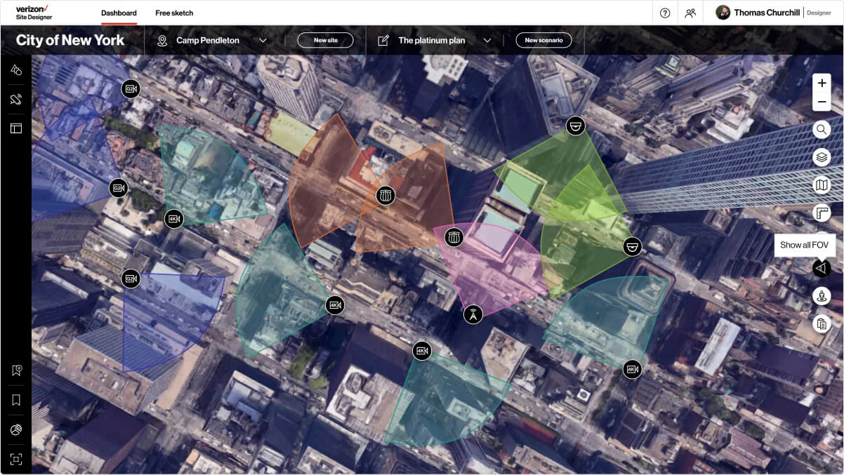 Map image of a city with multiple hardware (cameras, audio detection) and demonstrating their detection ranges 