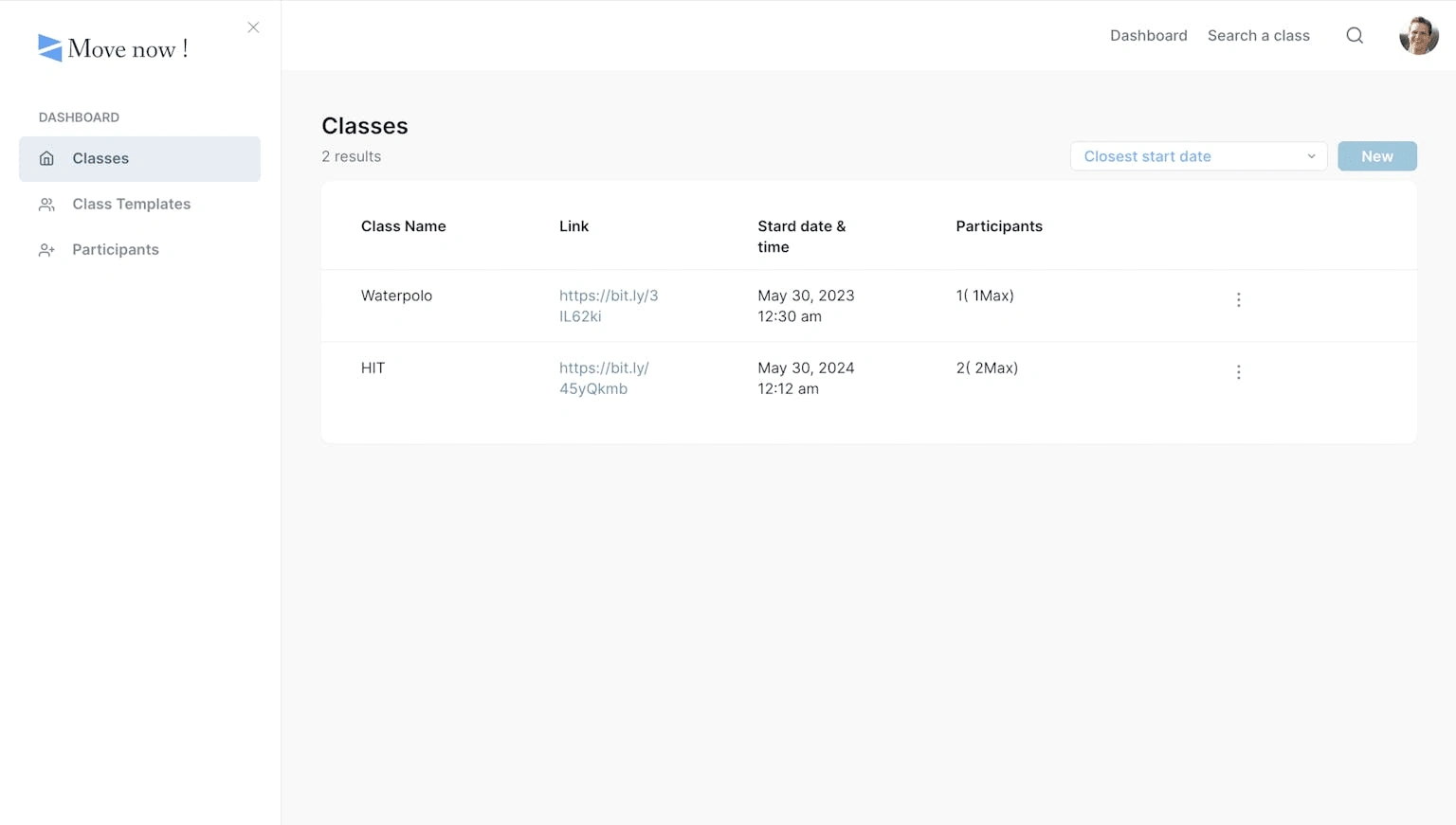 Manage classes and participants feature