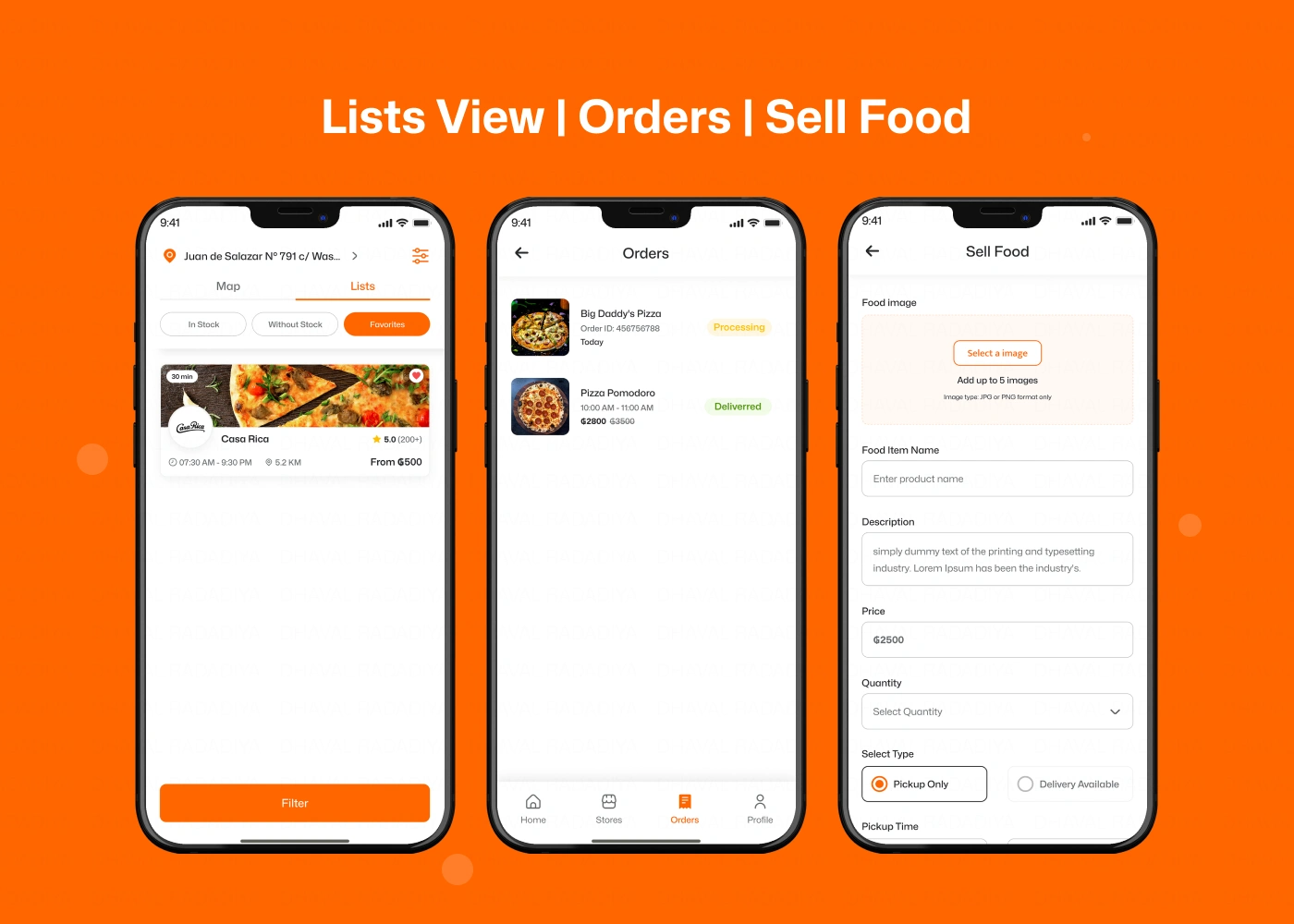 Lists View, Orders, Sell Food