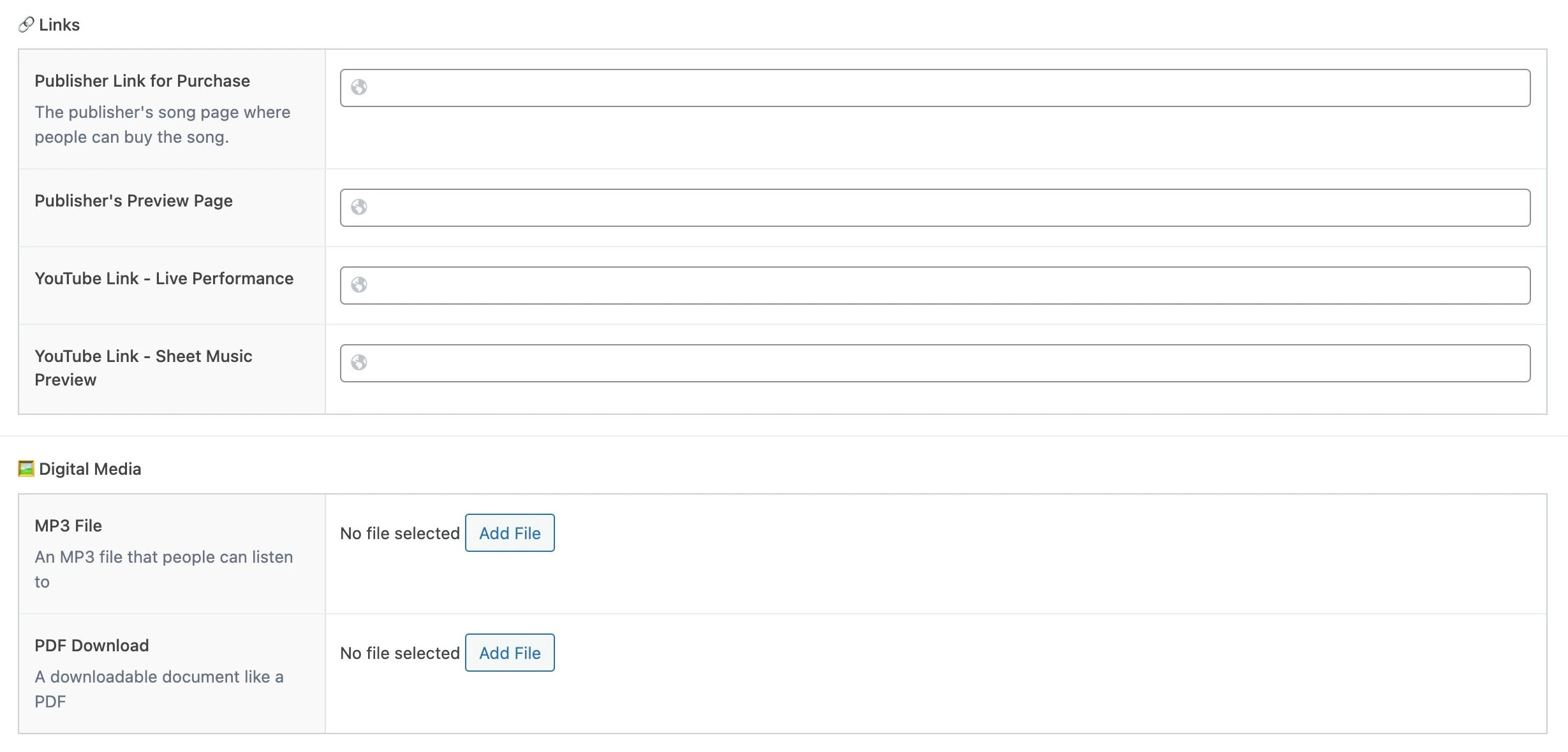 Part of the "Song" edit screen used by the composer. Link and media fields are specific to the formats and needs most commonly available for this composer's particular suite of compositions, and the options expected by website visitors in this industry. 