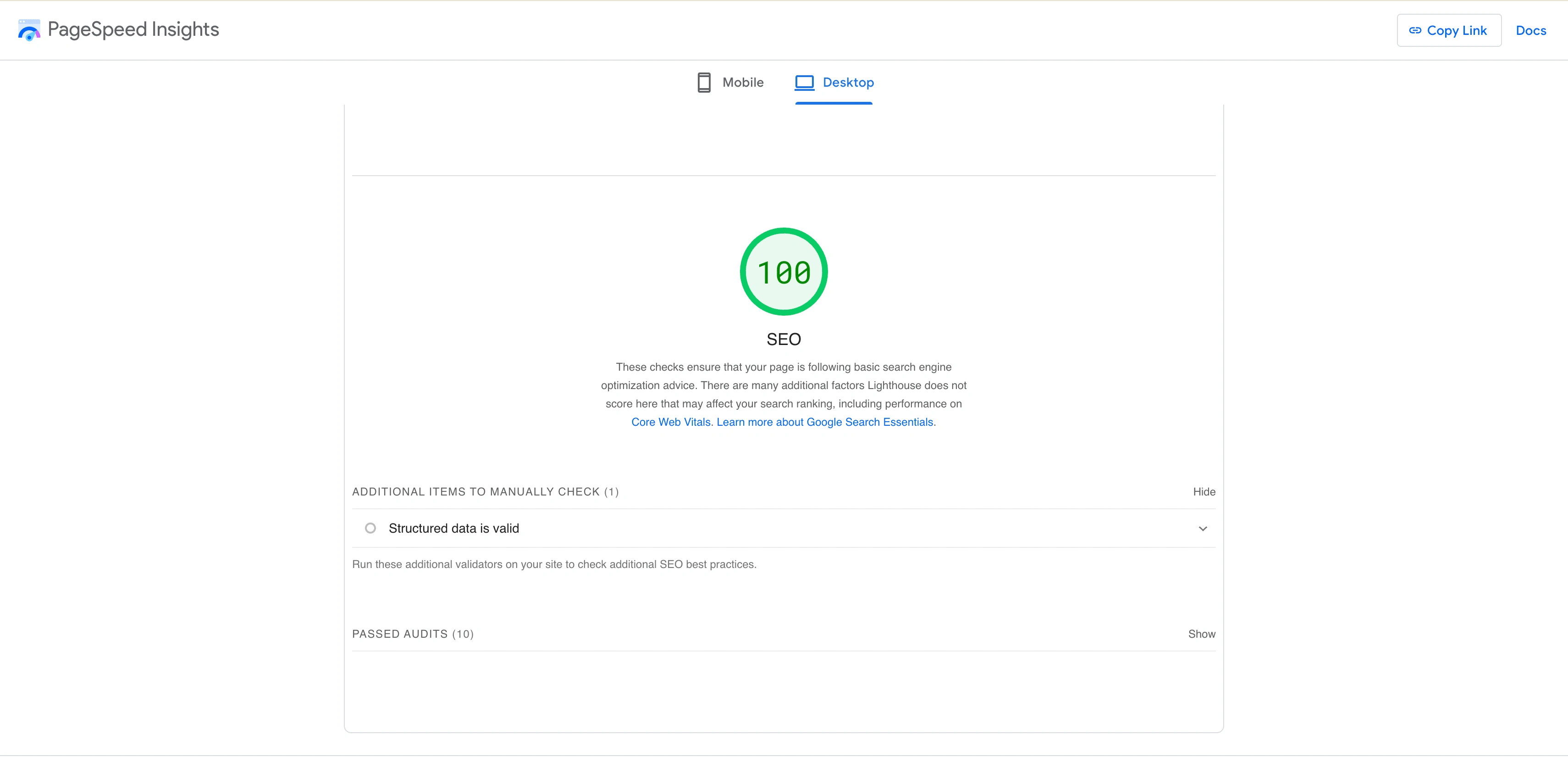 PageSpeed Insights - 100 SEO Score