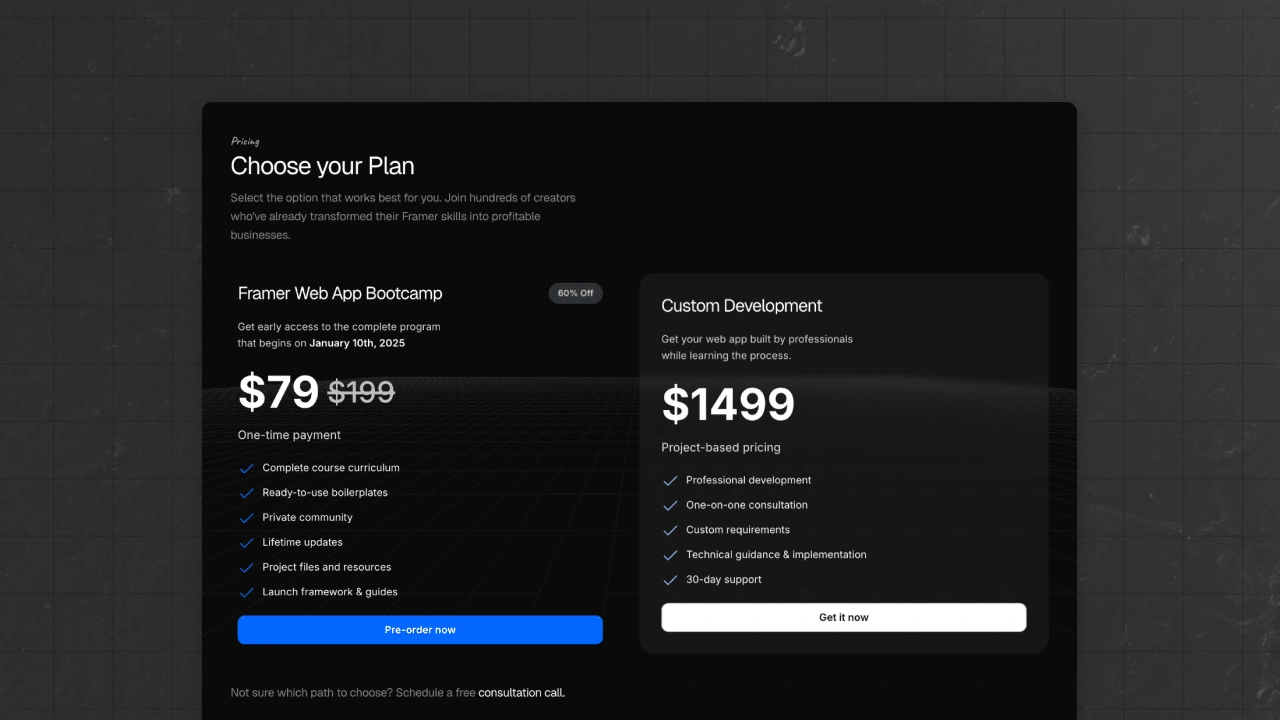 Bootcamp pricing section with a subtle matrix background.