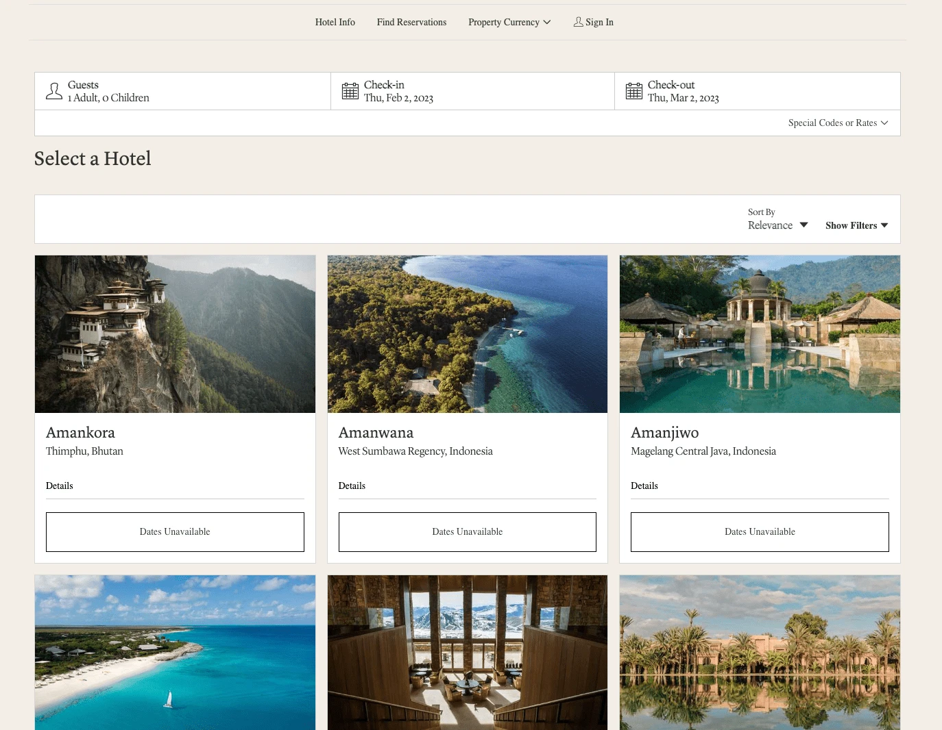 AMAN Hotels, Resorts and Residences search and select interface