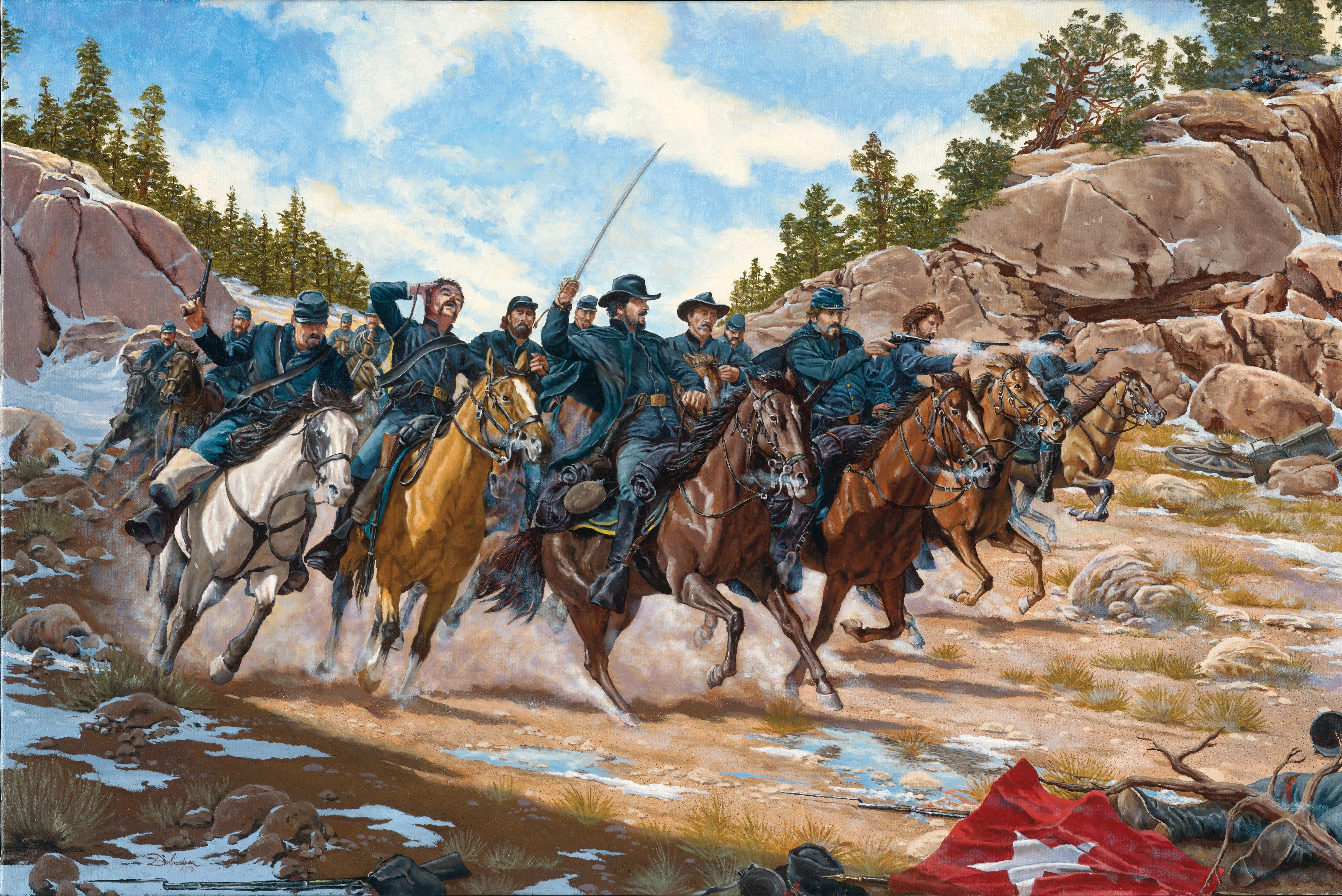 "Action at Apache Canyon," depicting Maj. John M. Chivington's attack on the supply train of Gen. Henry Sibley's Texan invaders (the figure on the beige horse riding on Chivington's right may well be Padro Polaco). Painting by Domenick d'Andrea (2015) via Wikimedia Commons.