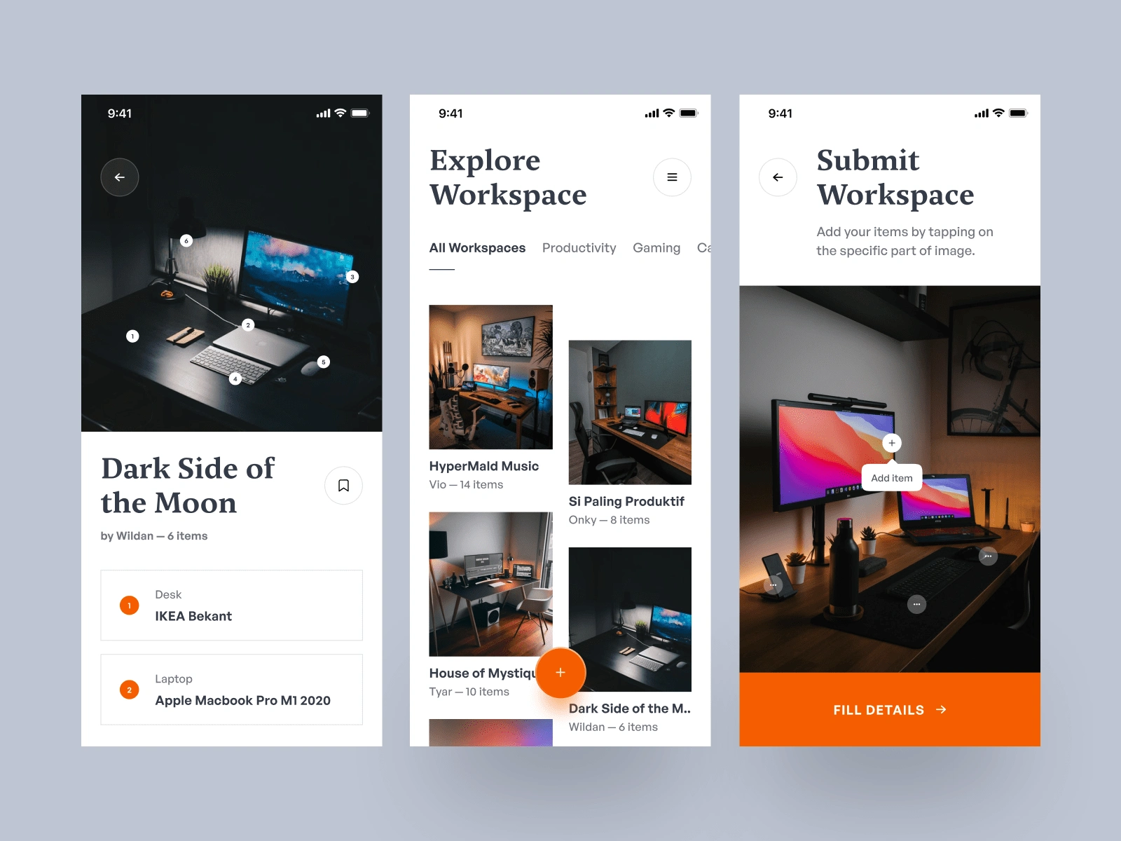 From left to right: Workspace detail screen, workspace finder screen (homepage), and submit workspace screen.
