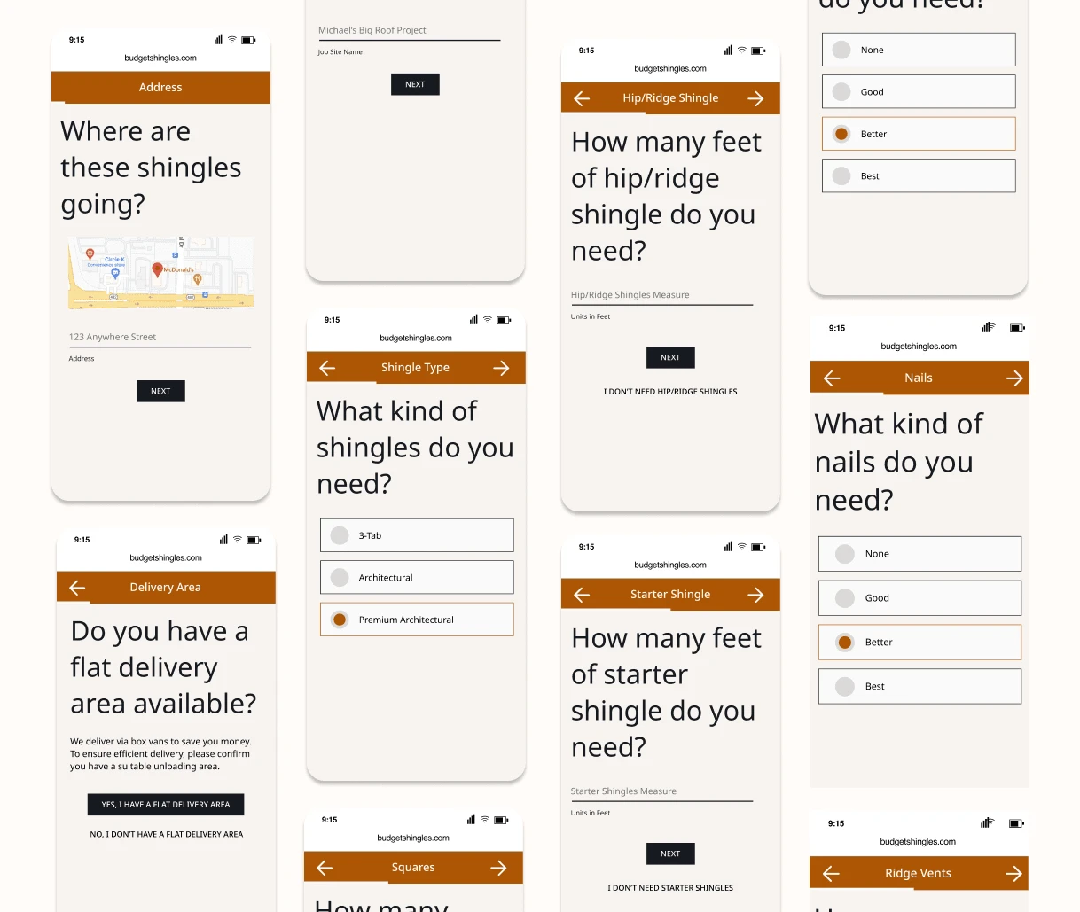 Early wireframes of the roofing shingles website