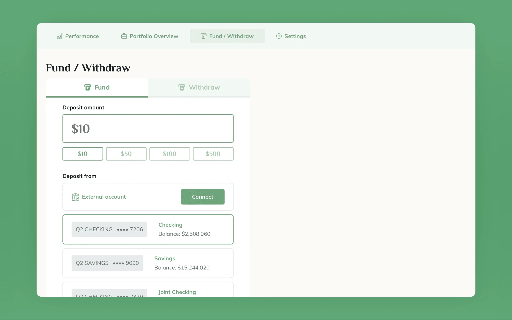 Funding screen. Users can fund their account directly from their bank or add an external bank account via Plaid