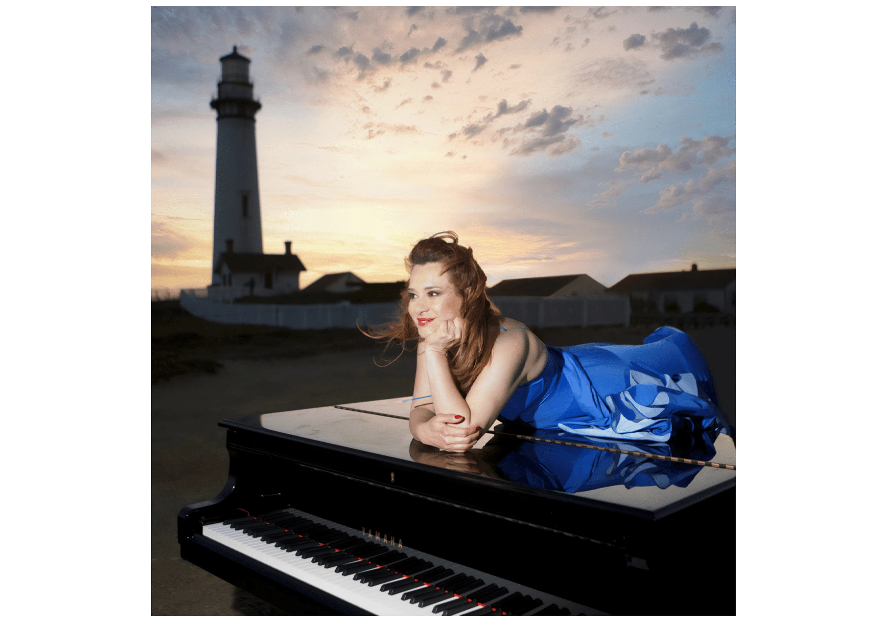 AFTER: Faranak Shahroozi on a piano next to a lighthouse 