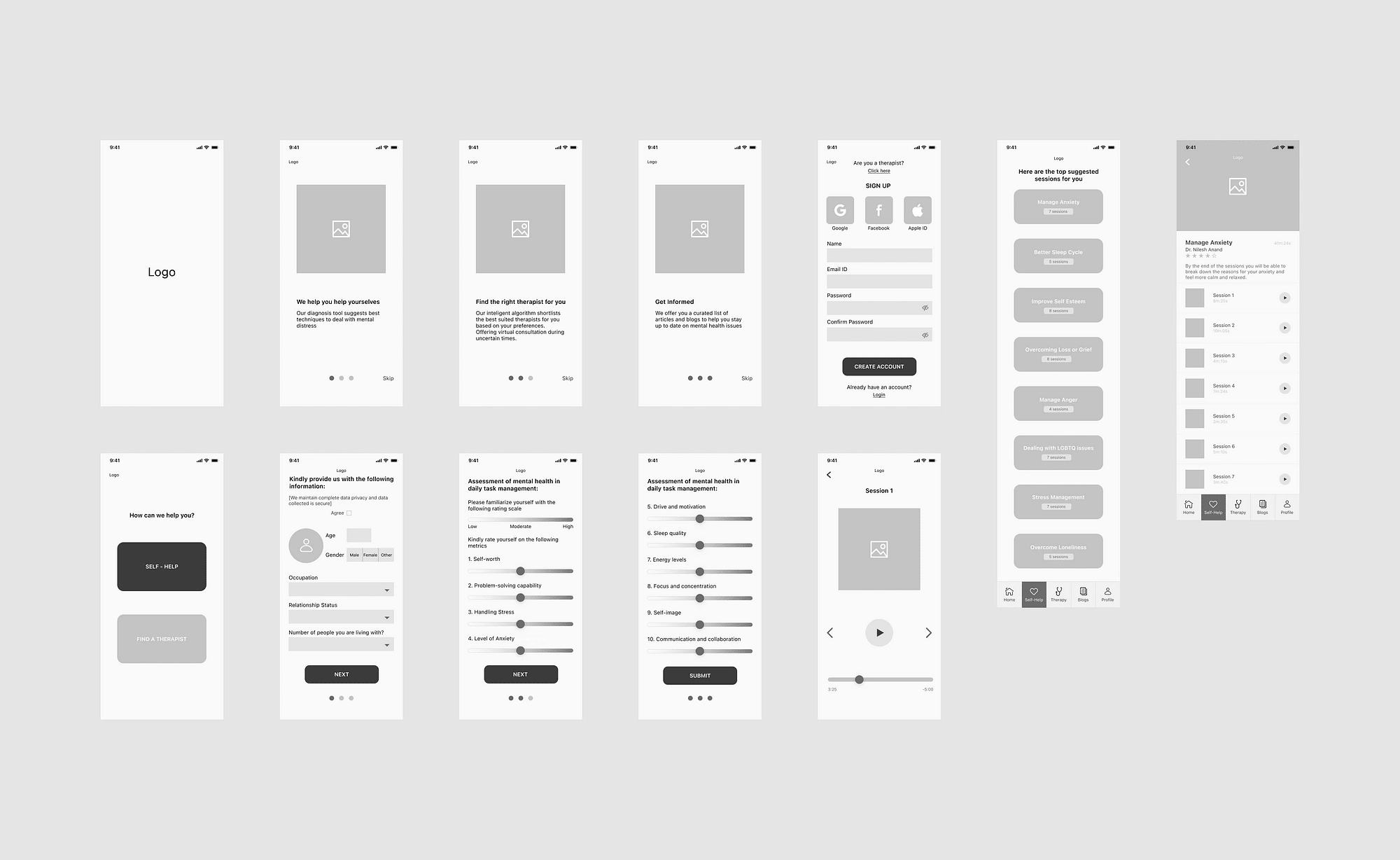 wireframes of the app