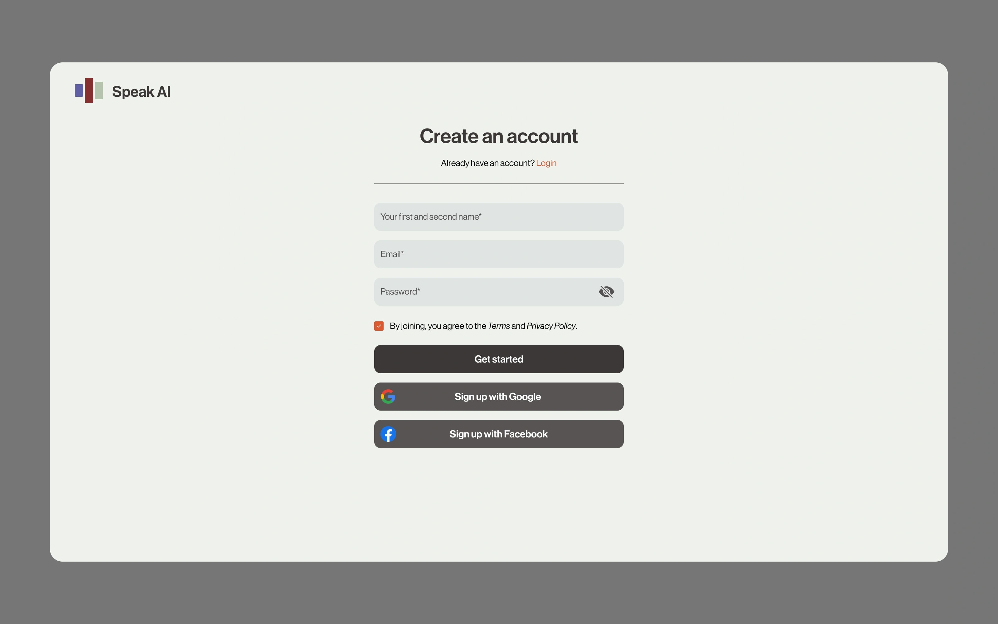 Create an account page