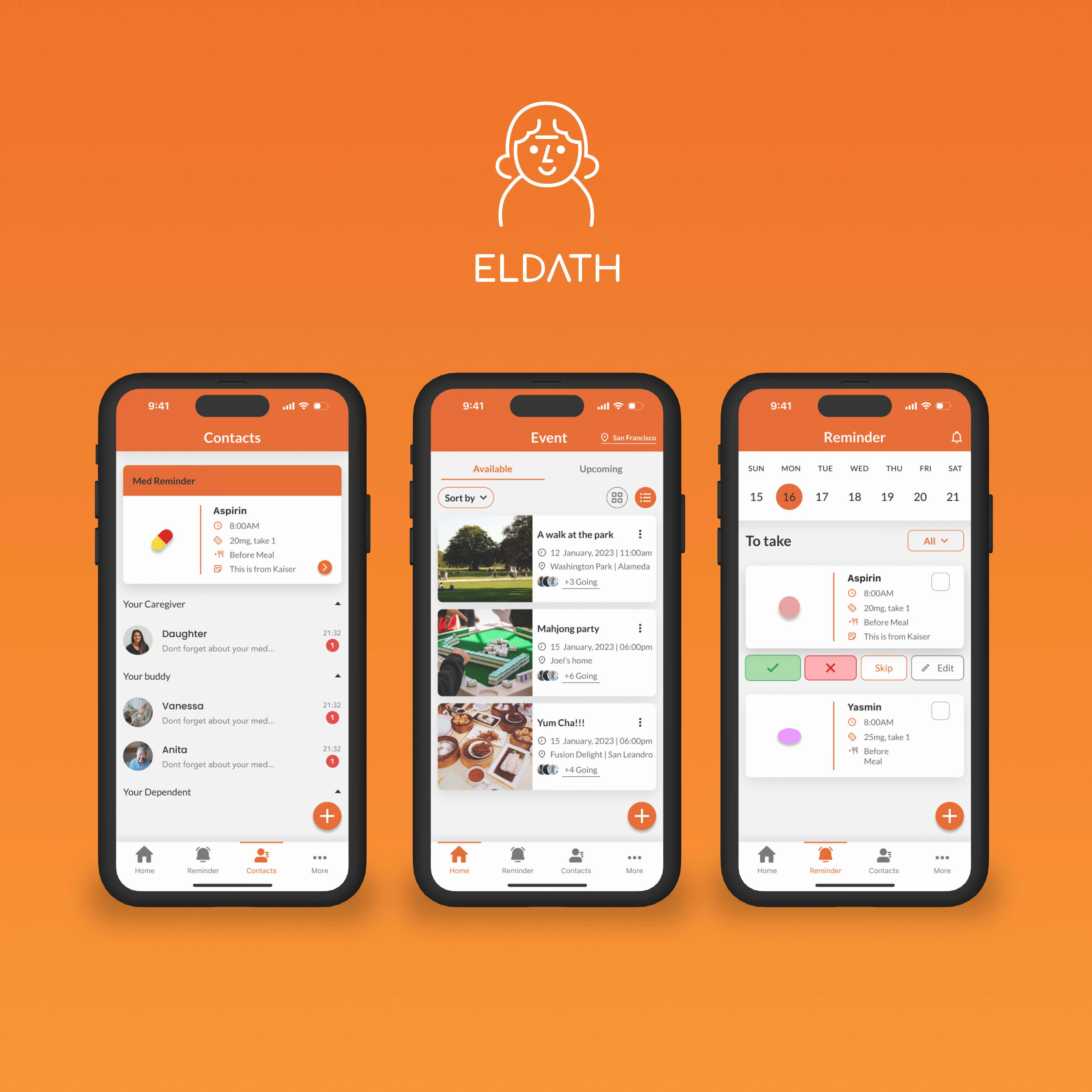 Eldath: An app that serves as a caregiver for the elderly, reminding them to take their medicine and notifying them of any upcoming events they may have, while also facilitating connection with their loved ones.