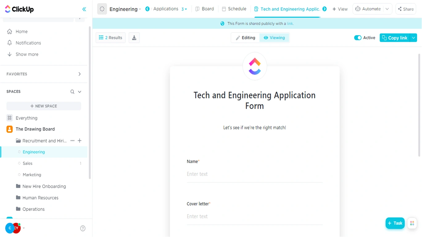 Application form for Tech and Engineering Positions for Drawing Board