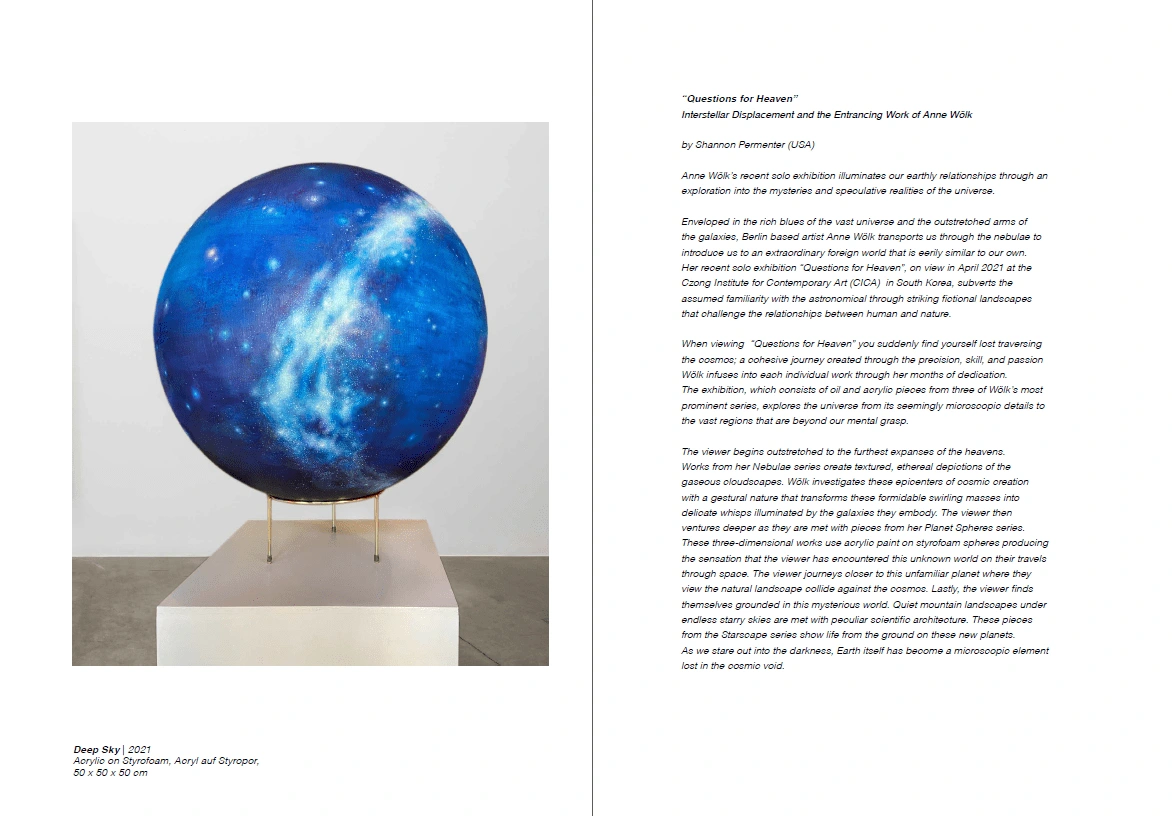 First pages of "Interstellar Displacement and the Entrancing Works of Anne Wolk" exhibition review.