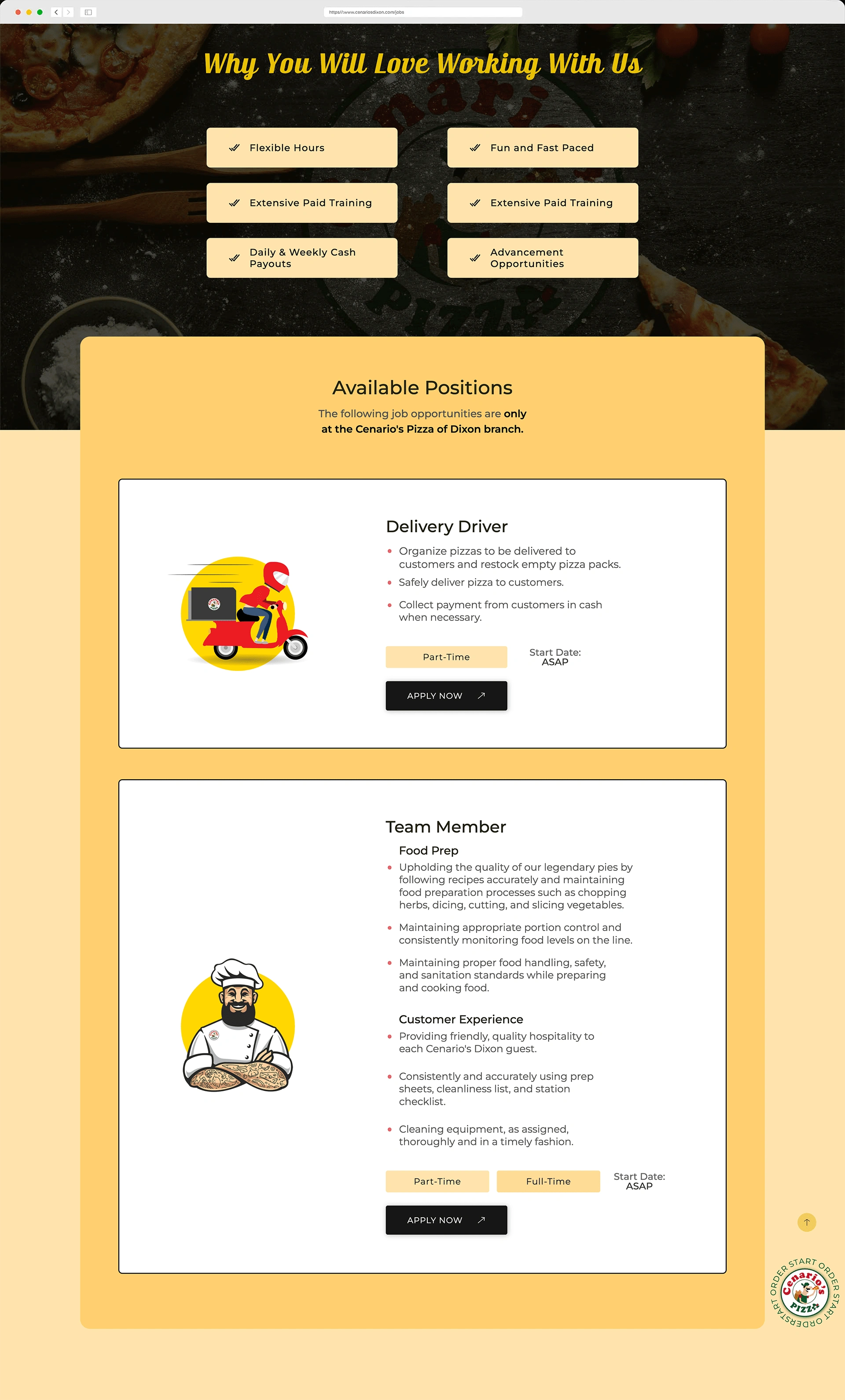 Dynamic job board for Cenario's Pizza, built with Webflow CMS