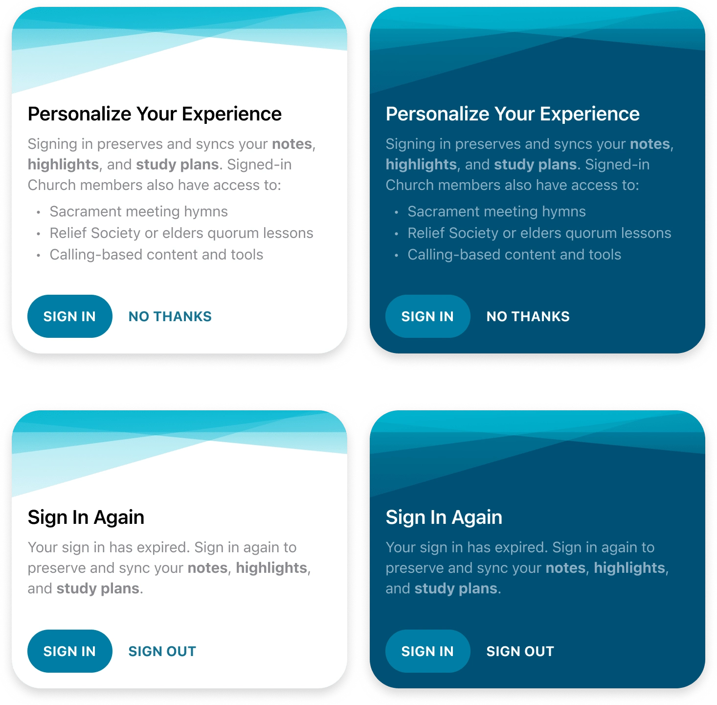 Showing both light and dark modes as well as both required states because occasionally a user's account is timed out and they are automatically signed out. That's when they'd see the Sign In Again version.