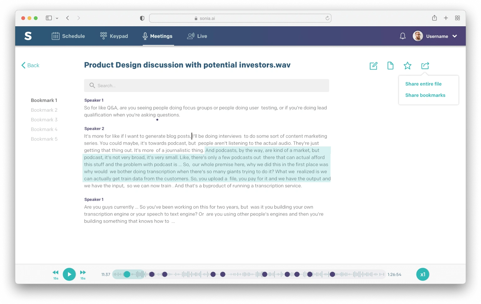 Meeting playback. Highlights of bookmarks and other applicable operations (edit, export, share).