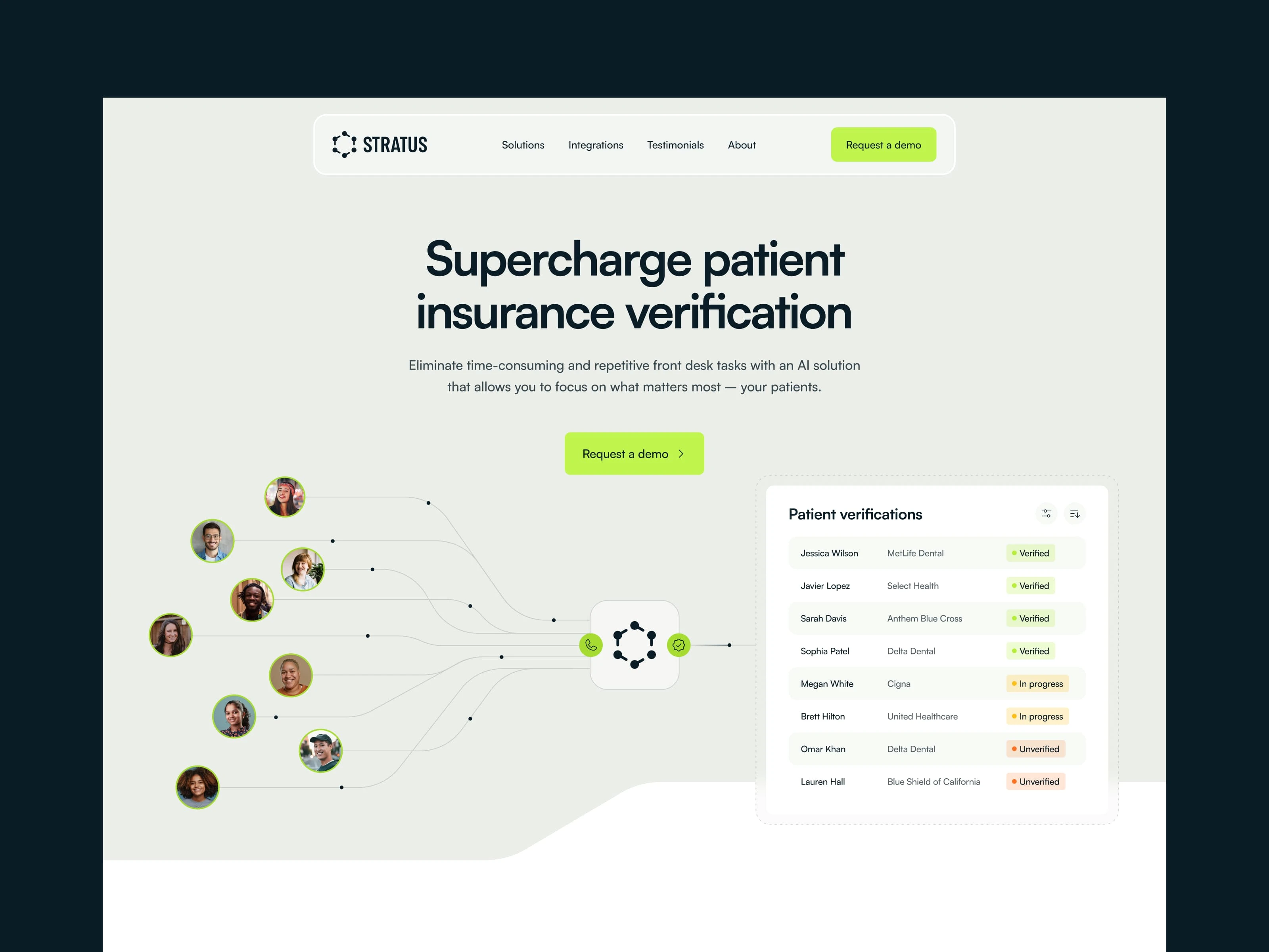 Homepage hero section includes a Lottie animation that communicates patient data flowing into Stratus, then Stratus' AI calling and verifying their insurance status.